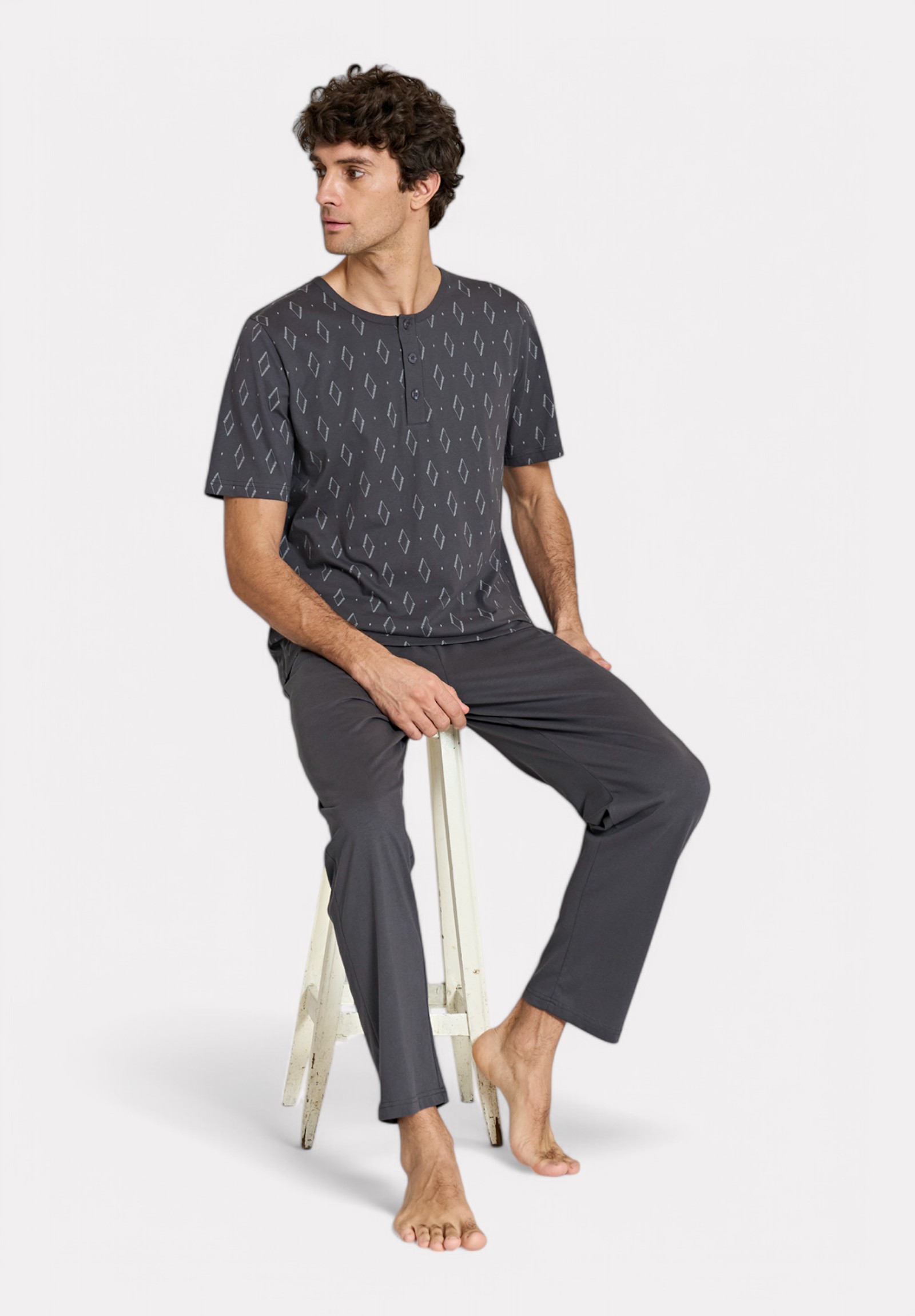 Ανδρική Πιτζάμα Ανθρακί με Λευκά Σχέδια Pijadore PJDR1802-2-Ανθρακί φωτογραφία
