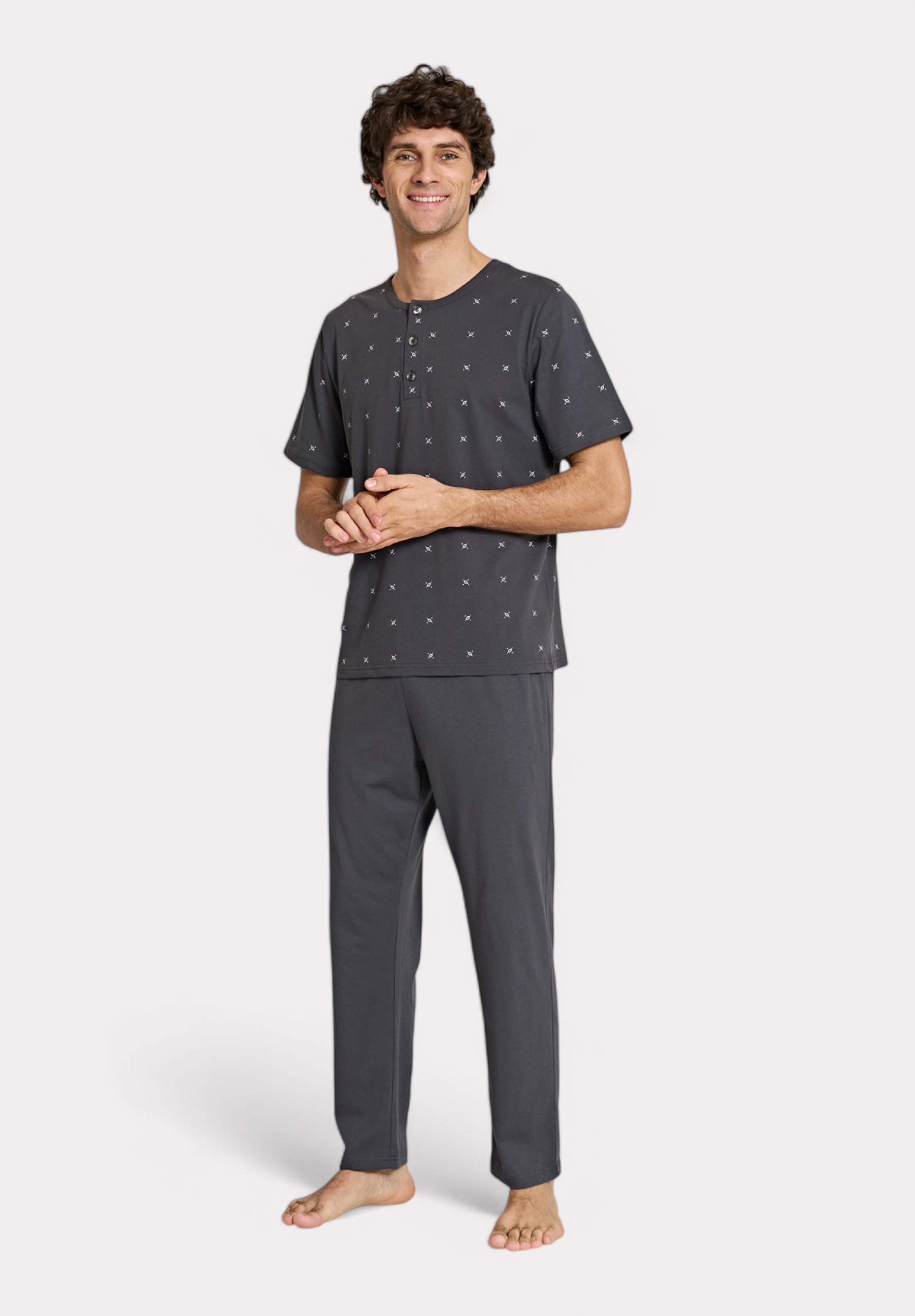 Pijadore Ανδρική Κοντομάνικη Πιτζάμα Ανθρακί με Σχέδιο & Κουμπιά Pijadore PJDR1823-1-Ανθρακί