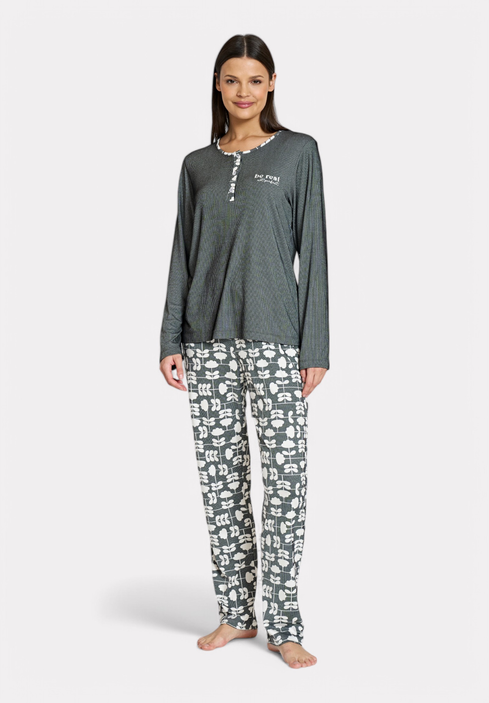 Pijadore Πιτζάμα Μακρυμάνικη Ανθρακί με Λευκά Σχέδια PJDR1827-2-Ανθρακί φωτογραφία