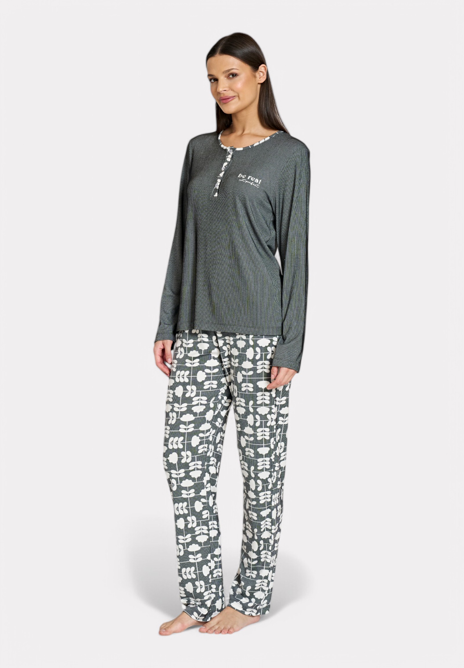 Pijadore Πιτζάμα Μακρυμάνικη Ανθρακί με Λευκά Σχέδια PJDR1827-2-Ανθρακί φωτογραφία