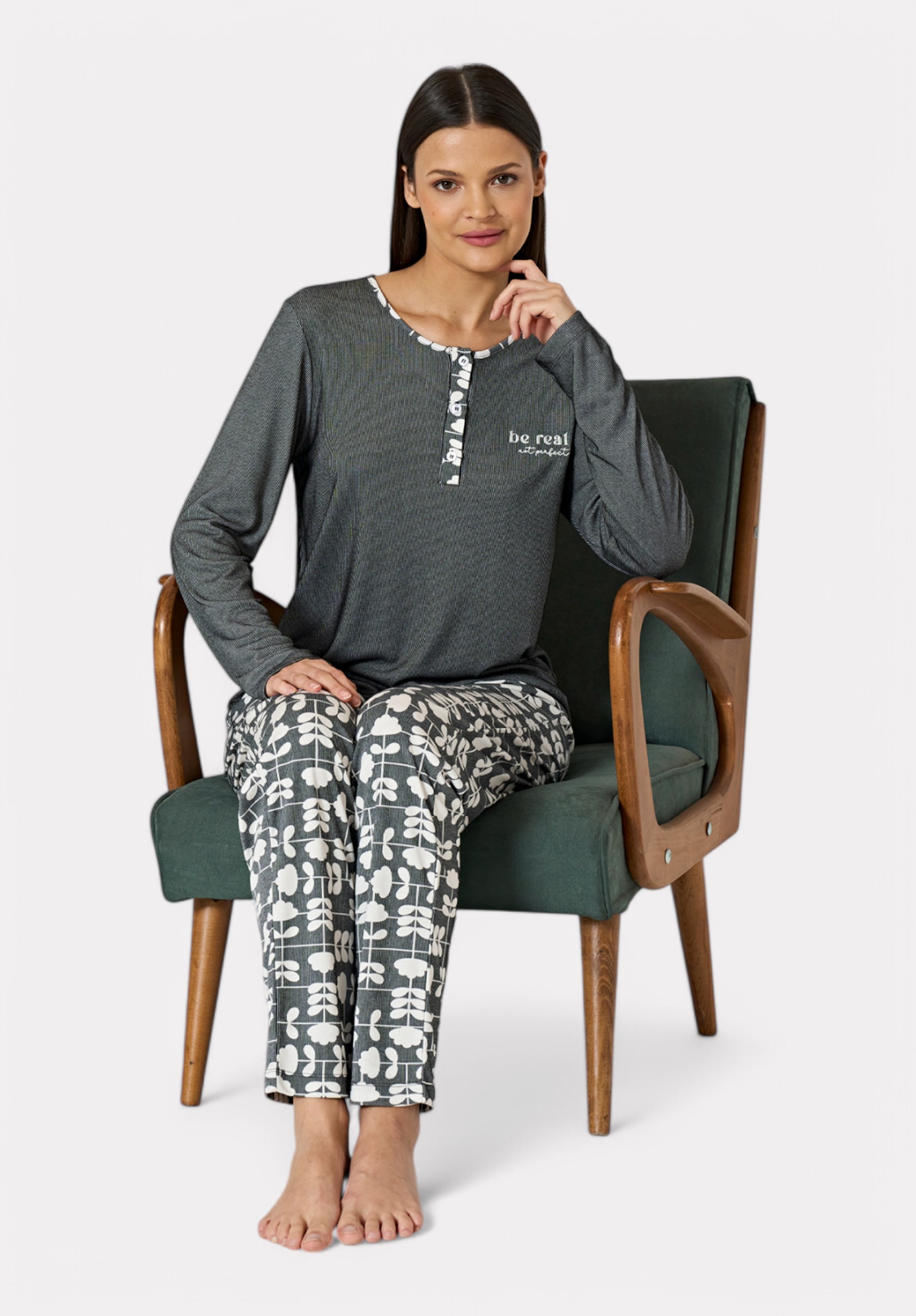 Pijadore Πιτζάμα Μακρυμάνικη Ανθρακί με Λευκά Σχέδια PJDR1827-2-Ανθρακί φωτογραφία