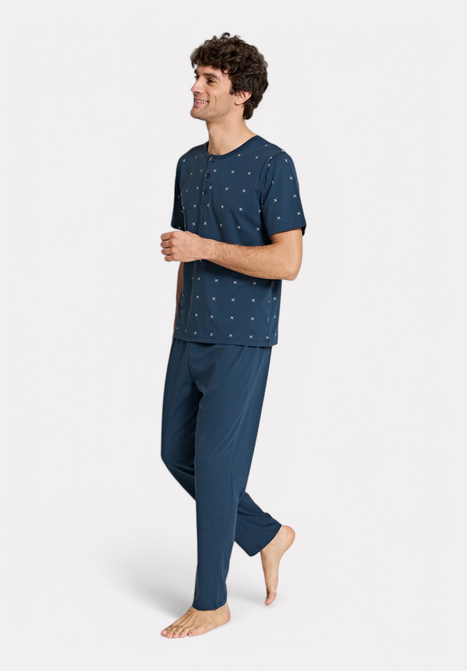 Pijadore Ανδρική Κοντομάνικη Πιτζάμα Μπλέ με Σχέδιο & Κουμπιά Pijadore PJDR1823-2-Μπλε