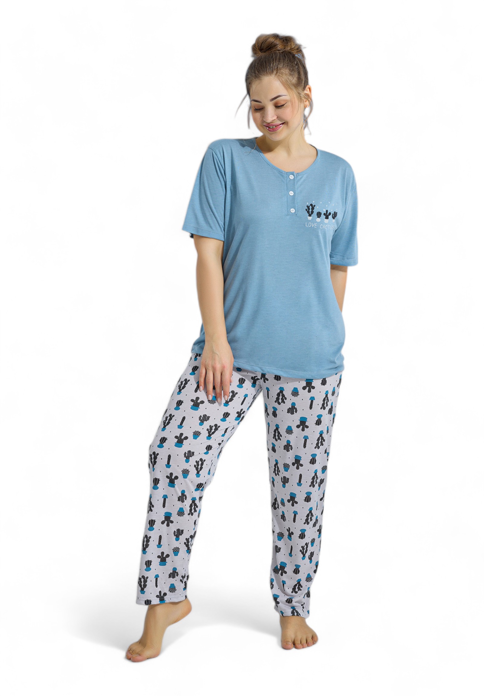 Pijamood Πιτζάμα γυναικεία με μακρύ παντελόνι Plus Size PijaMood Cactus Blue PJMD40004-Γαλάζιο