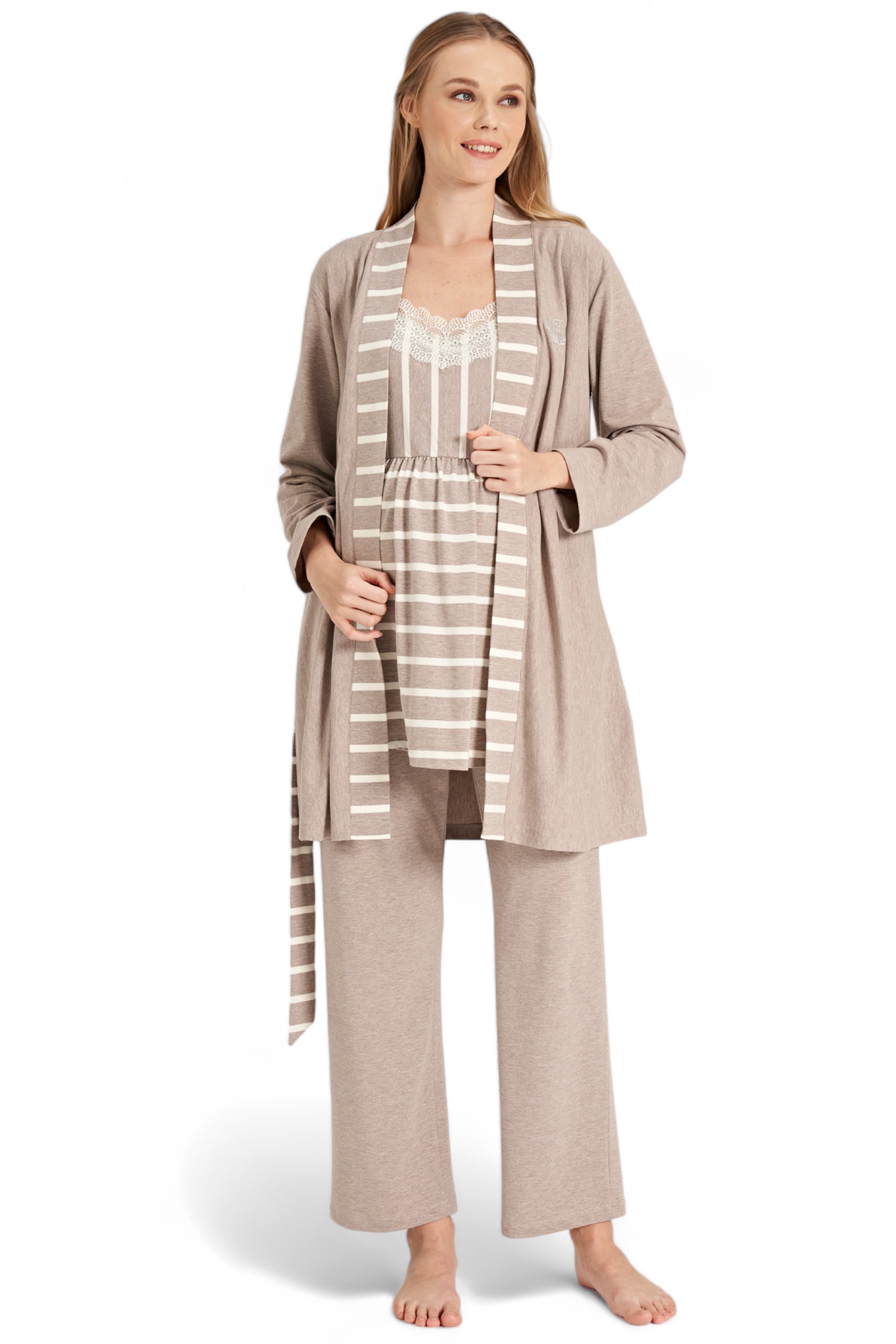 Πιτζάμα εγκυμοσύνης με ρόμπα Fayza ριγέ FZA5077-Καφέ φωτογραφία