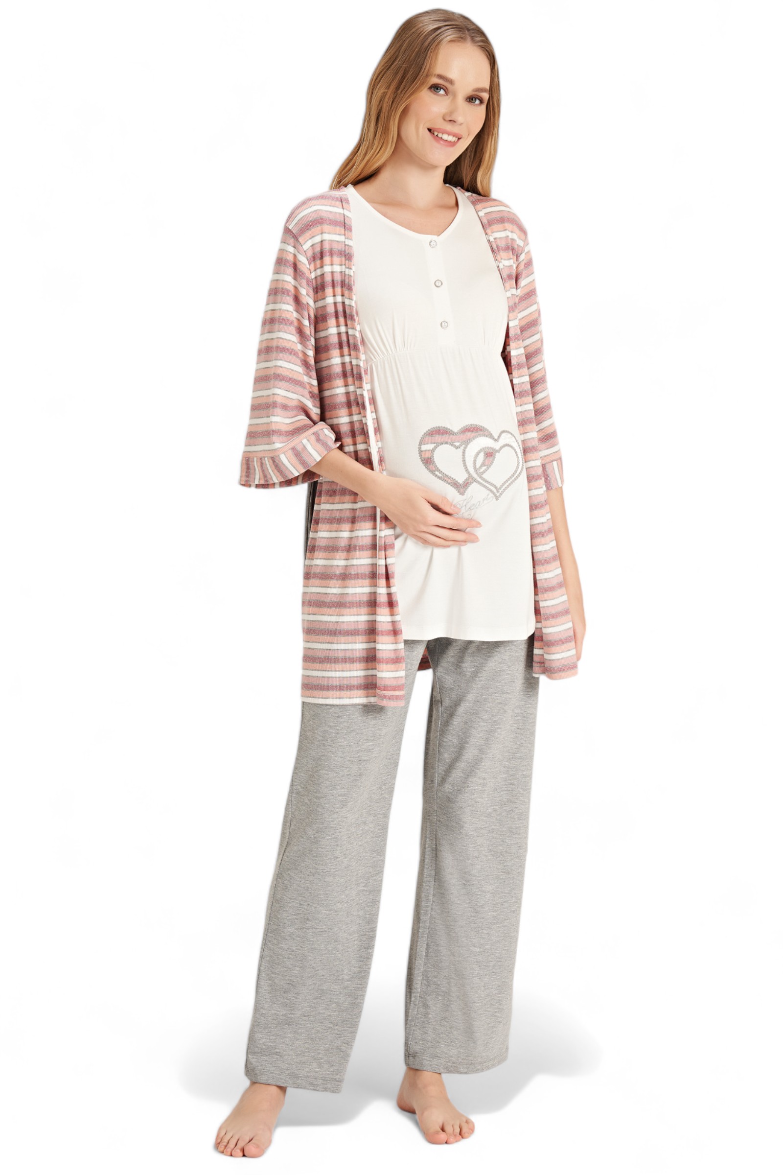 Πιτζάμα εγκυμοσύνης με ρόμπα Fayza Pastel Love Hearts FZA5080-Γκρι φωτογραφία