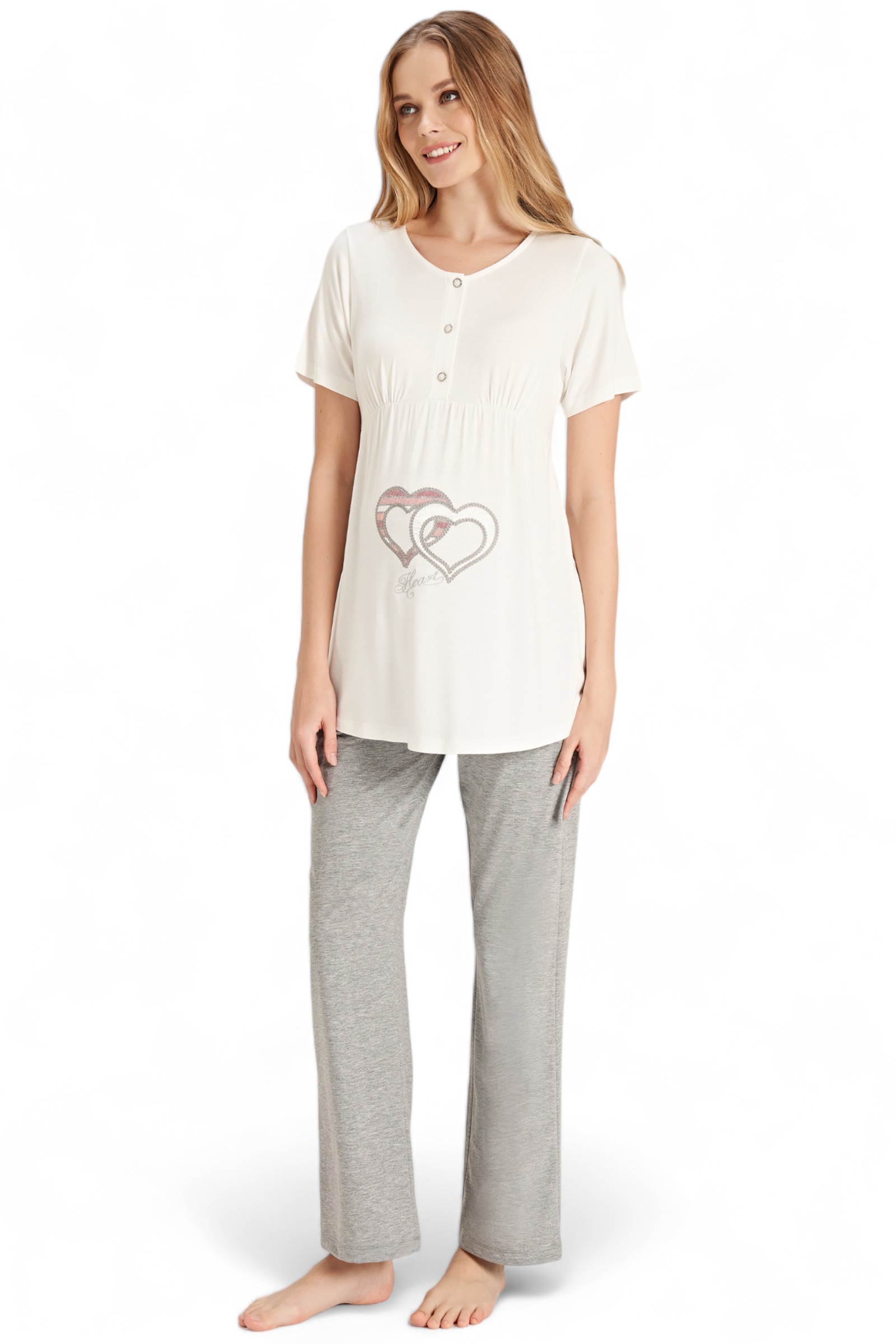 Πιτζάμα εγκυμοσύνης με ρόμπα Fayza Pastel Love Hearts FZA5080-Γκρι φωτογραφία