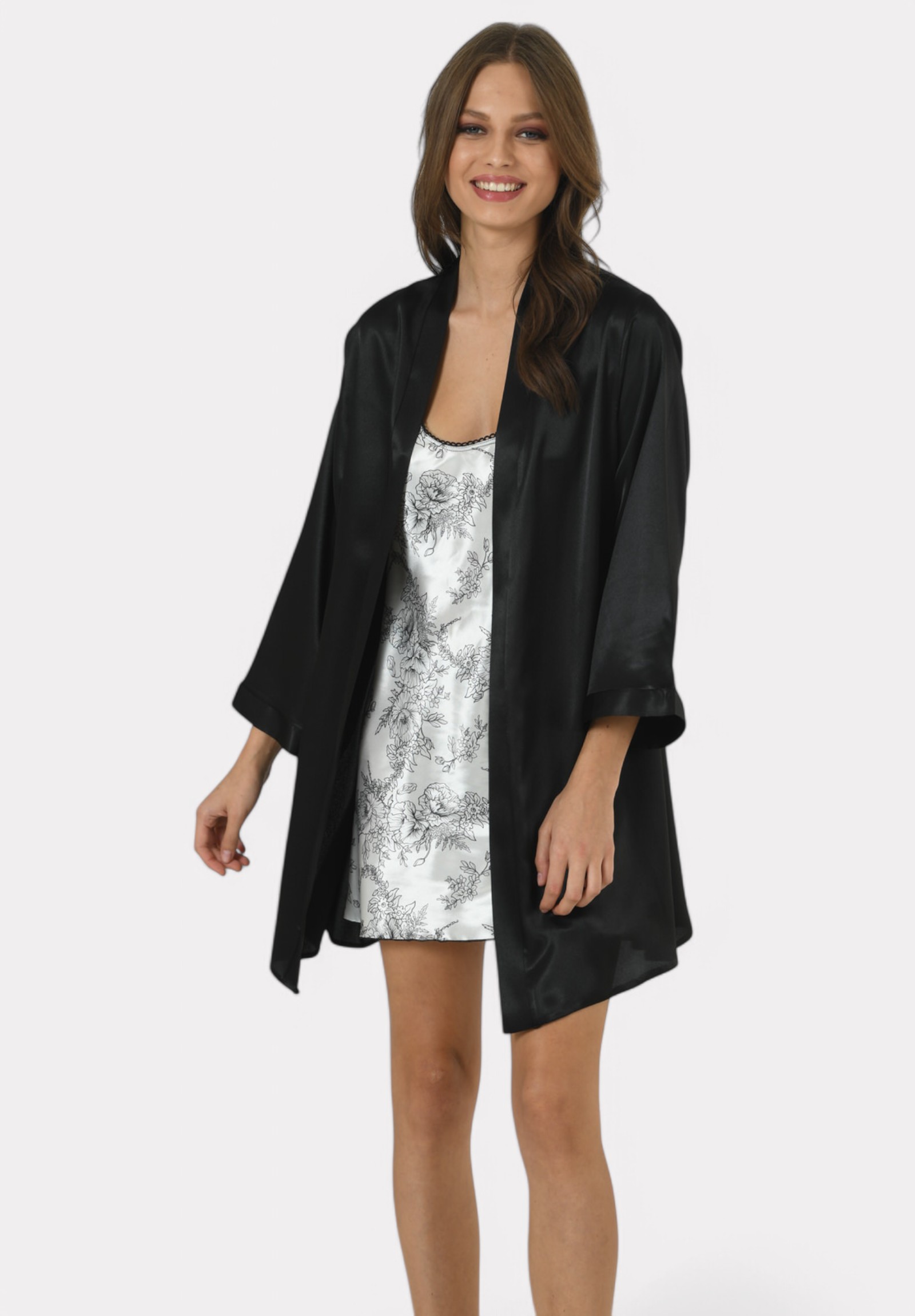 Σετ Ρόμπα - Νυχτικό Satin Moongirl Black & White Cyclamen MG551-Λευκό φωτογραφία