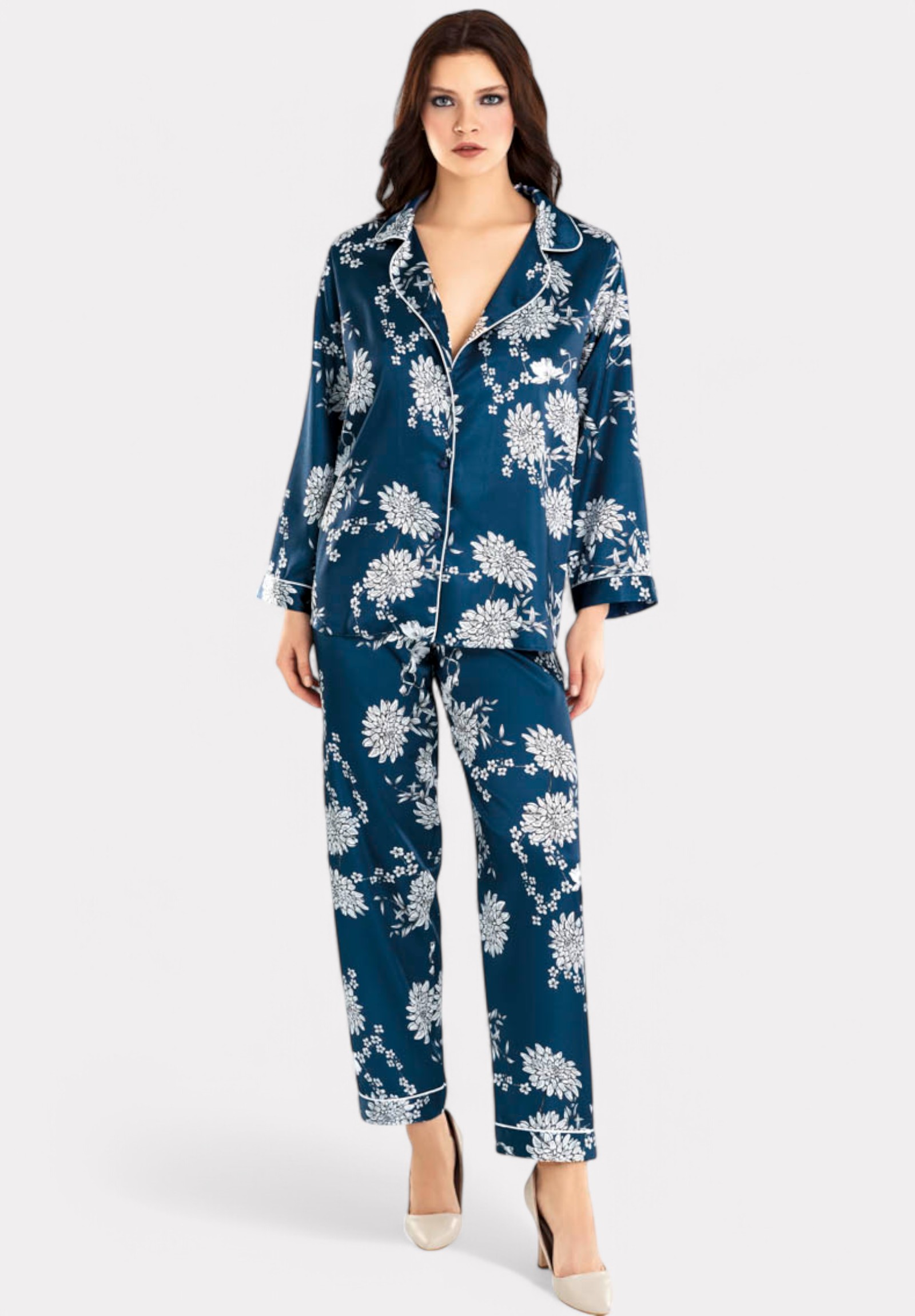 Moongirl Πιτζάμα γυναικεία Satin Moongirl Blue Elegant Floral MG721-Μπλε