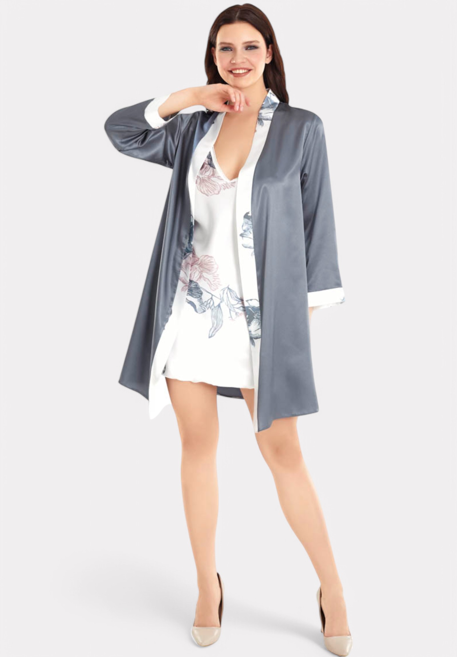 Moongirl Σετ Ρόμπα - Νυχτικό σατέν Moongirl Beautiful Orchids MG730-Λευκό