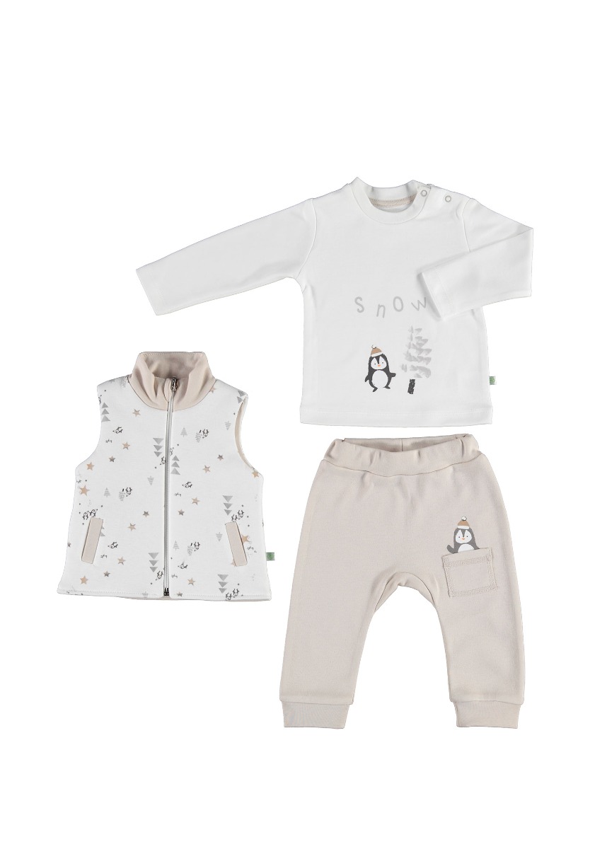 Biorganic Σετ Βρεφικό παντελόνι - γιλέκο - μπλούζα Frozen Penguins Beige 73248