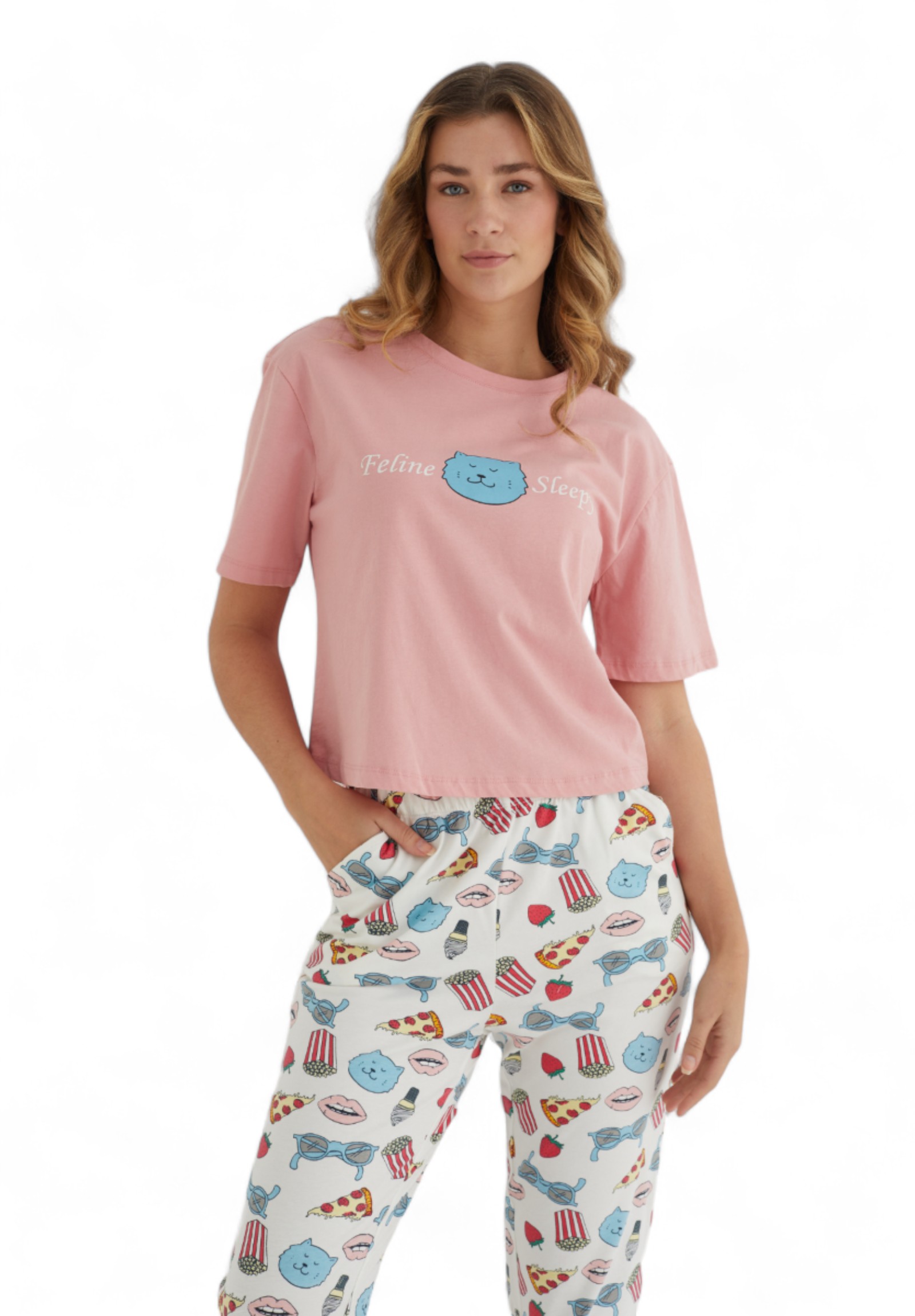 Πιτζάμα γυναικεία Ipektenim Pizza & Fun IPKT8426-Ροζ φωτογραφία