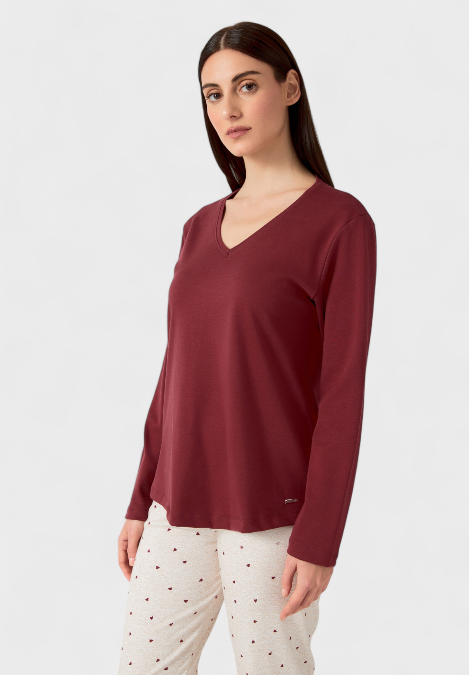 Minerva Γυναικεία Πυτζάμα Minerva με V Λαιμόκοψη & Εμπριμέ Παντελόνι Bordo 90-53032-431-Μπορντώ