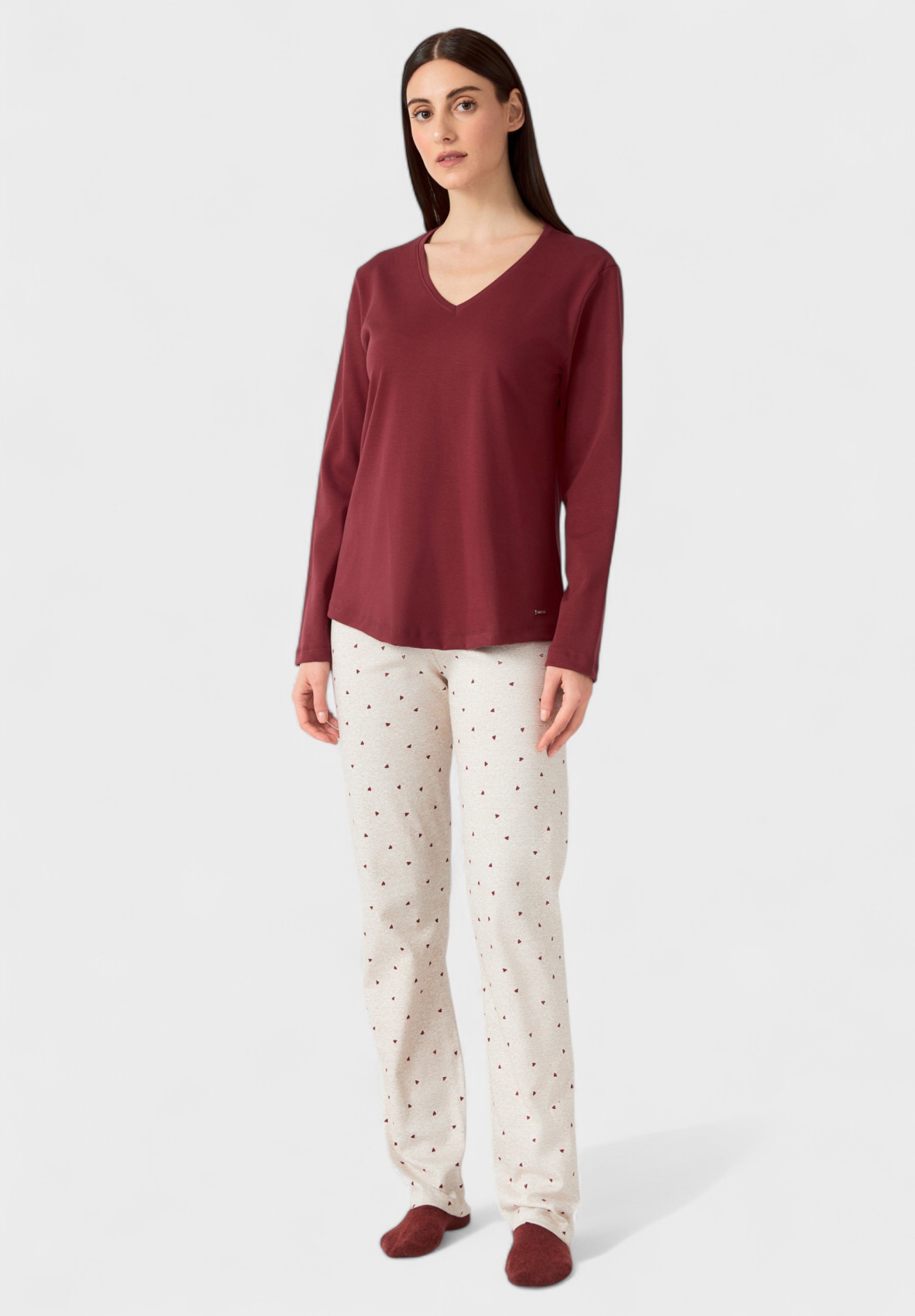 Γυναικεία Πυτζάμα Minerva με V Λαιμόκοψη & Εμπριμέ Παντελόνι Bordo 90-53032-431-Μπορντώ φωτογραφία