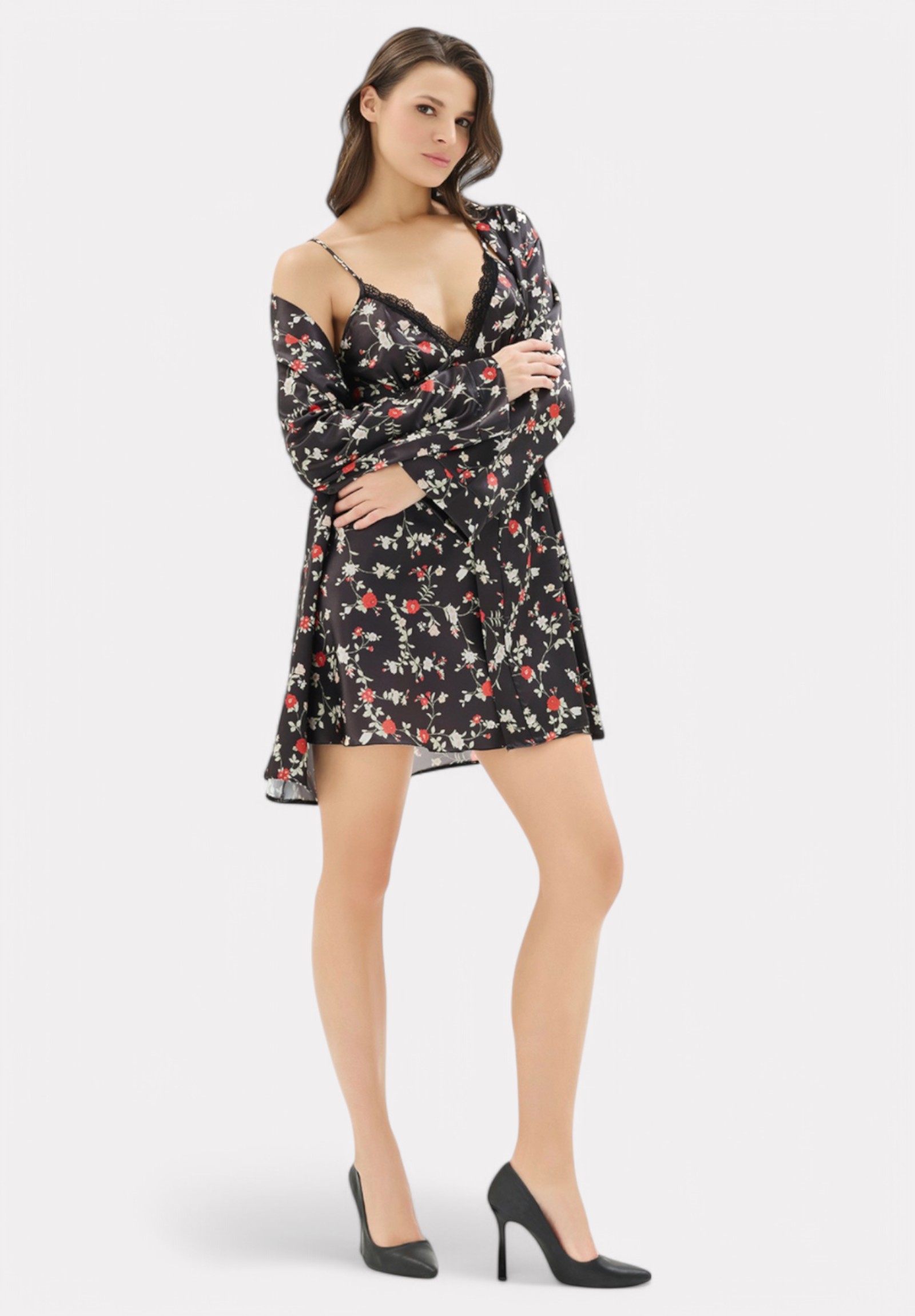 Σετ Ρόμπα - Νυχτικό σατέν Moongirl Black Floral MG904-Μαύρο φωτογραφία