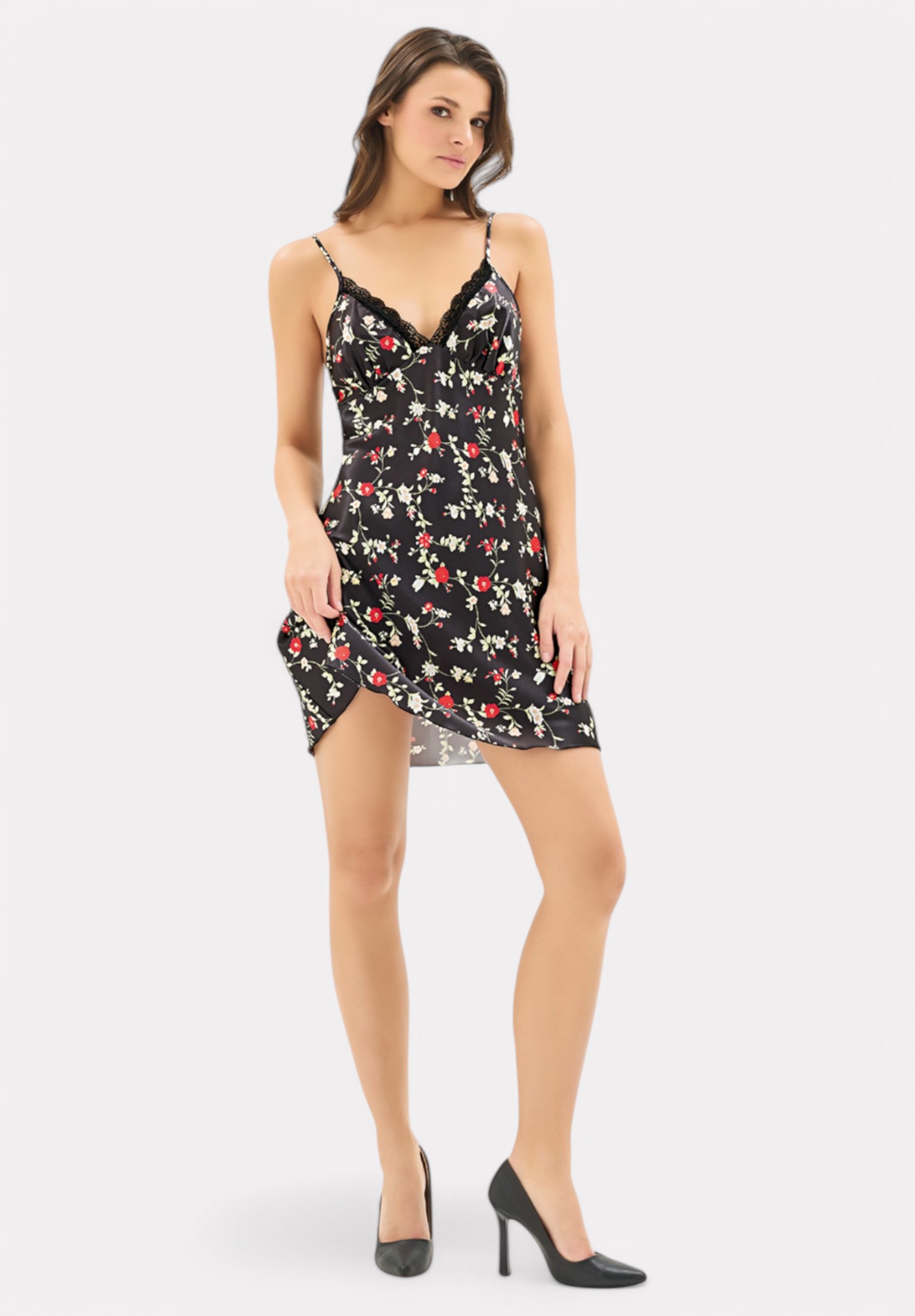 Σατέν Νυχτικό με Δαντέλα Moongirl Black Floral MG905-Μαύρο φωτογραφία