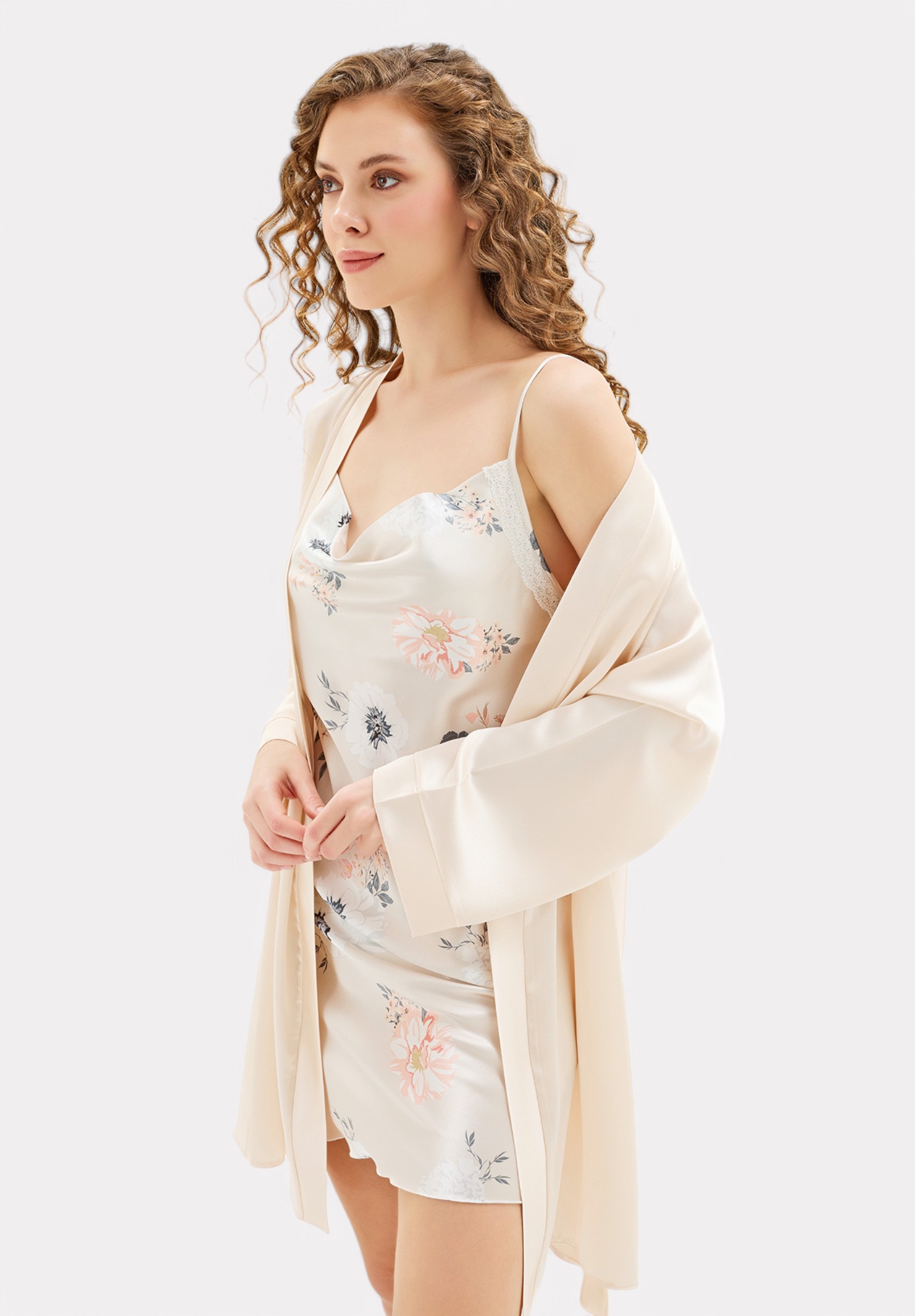 Σετ Ρόμπα - Νυχτικό σατέν Moongirl White Romance MG913-Εκρού φωτογραφία