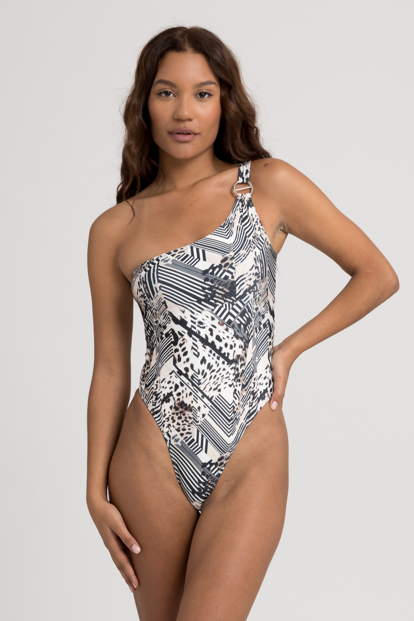 Μαγιό γυναικείο Ολόσωμο One Shoulder με Διακοσμητικό Κρίκο Animal Print ET1408-3-Πολύχρωμο φωτογραφία