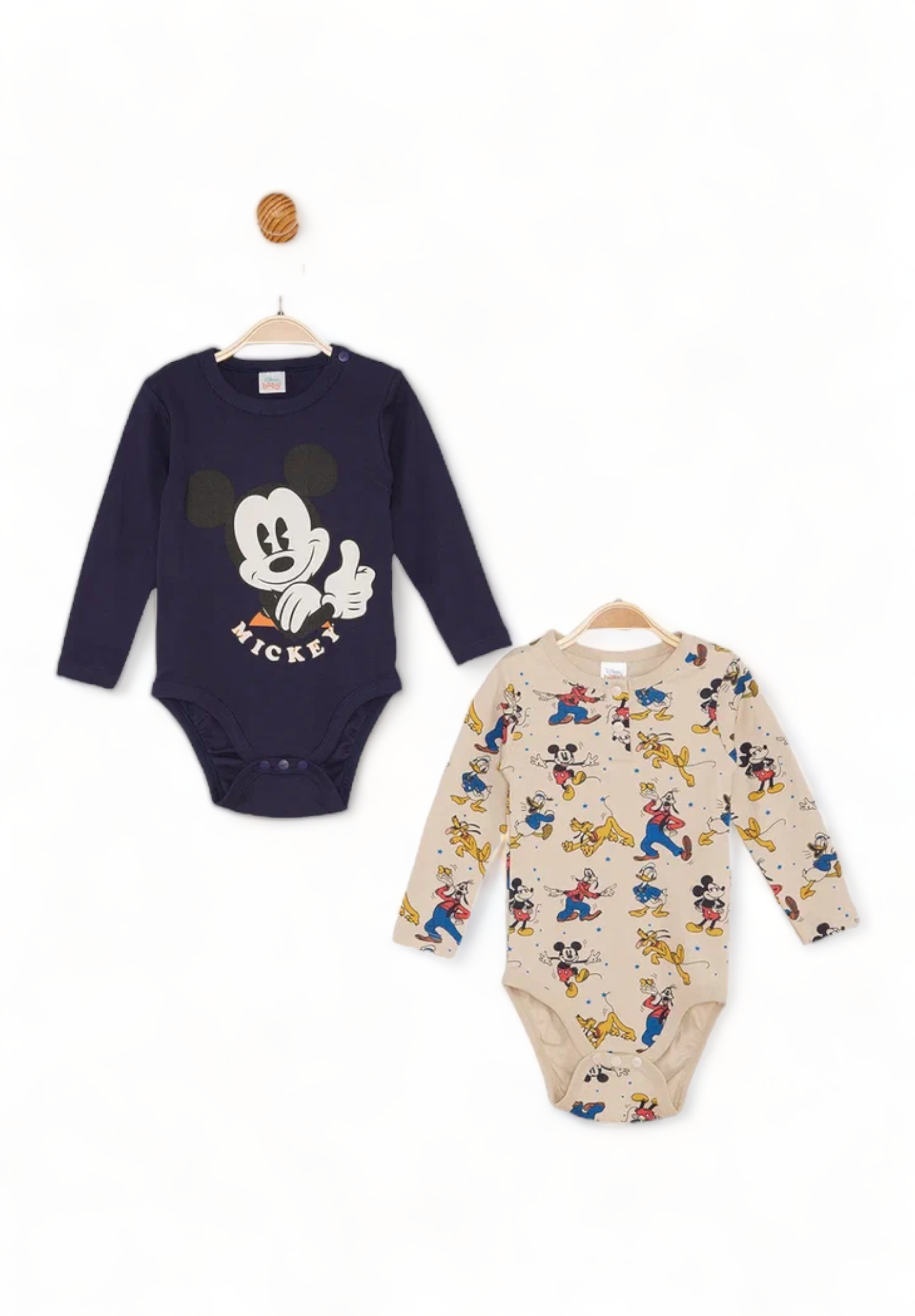 Cimpa Κορμάκια Βρεφικά Cimpa με μακρύ μανίκι Mickey 2τμχ σε Μπέζ και Μπλέ MC21455-Μπεζ