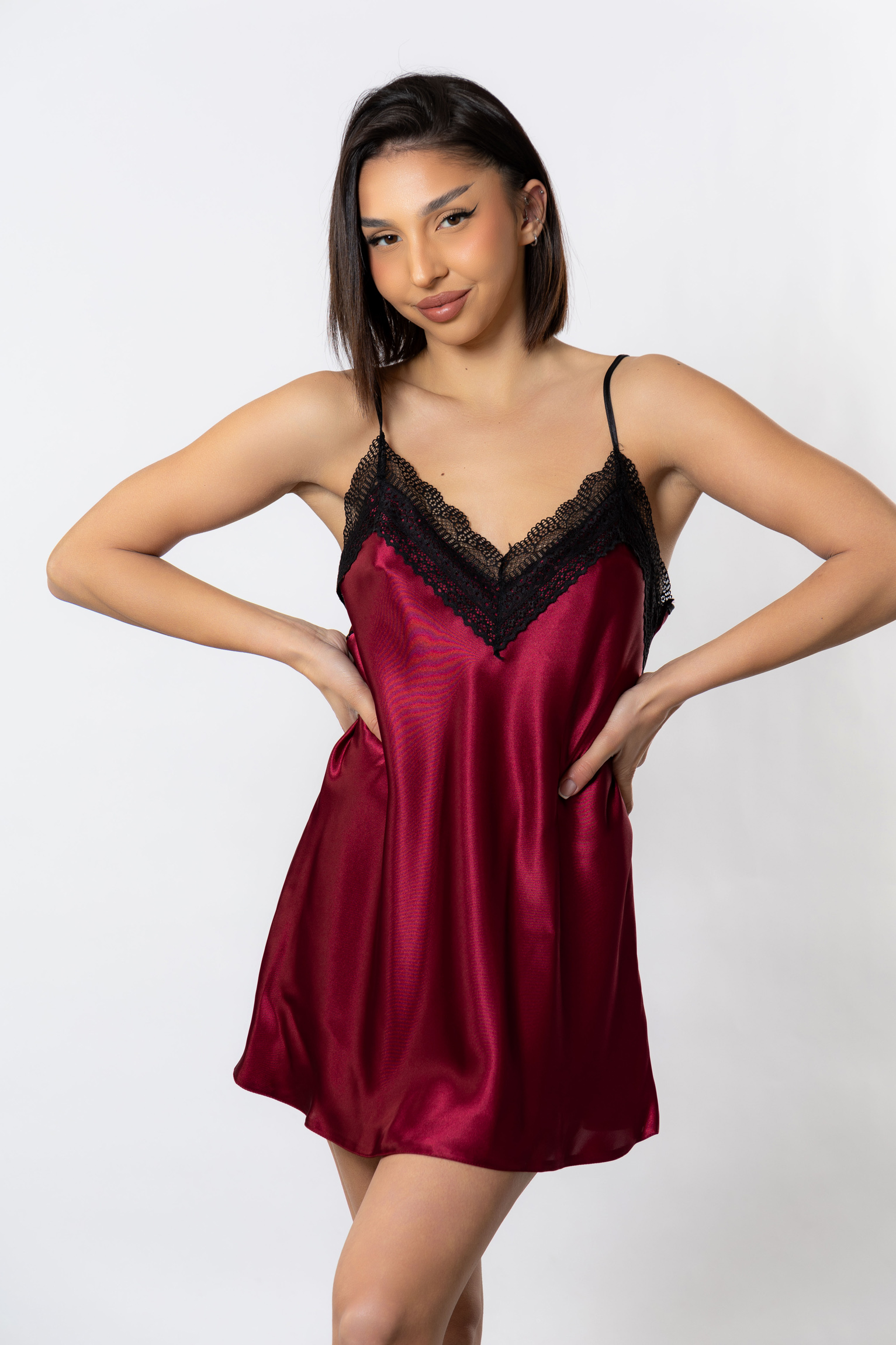 Νυχτικό σατέν Babydoll Cottonhill Lace Bordo CH1405-1-Μπορντώ φωτογραφία