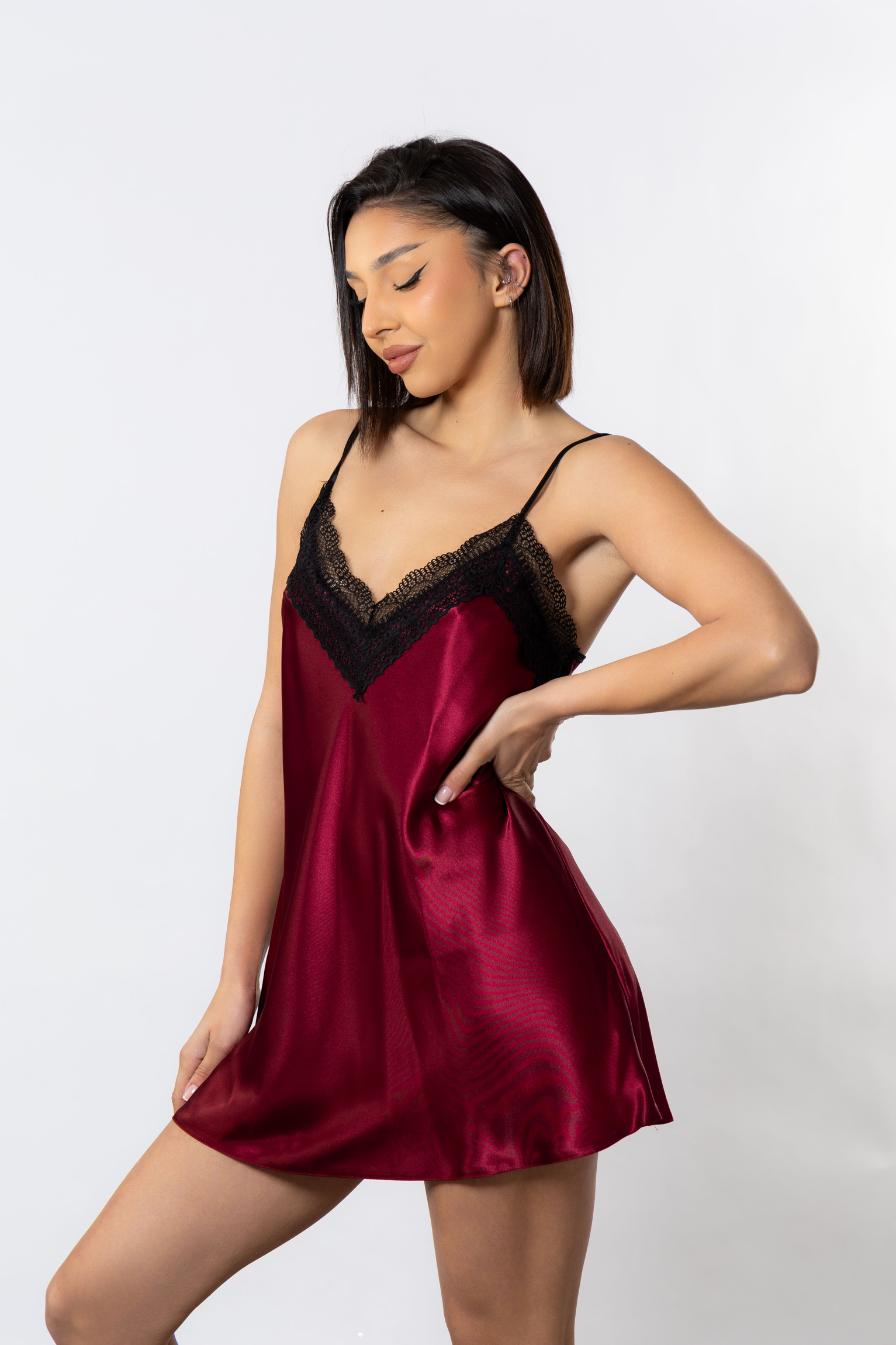 Νυχτικό σατέν Babydoll Cottonhill Lace Bordo CH1405-1-Μπορντώ φωτογραφία