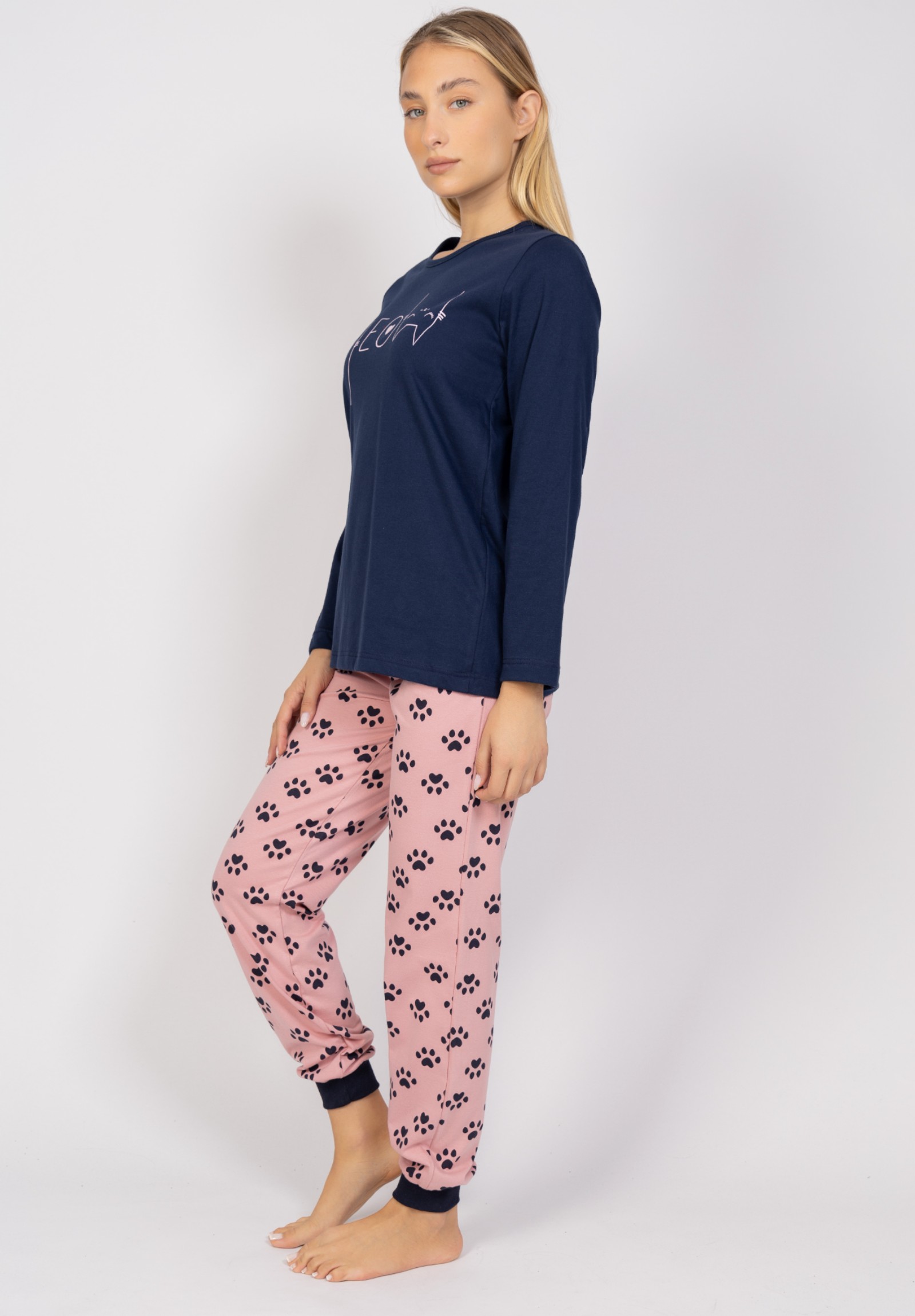 Πιτζάμα γυναικεία Meow Blue & Pink Cherry CHR24545-Μπλε φωτογραφία