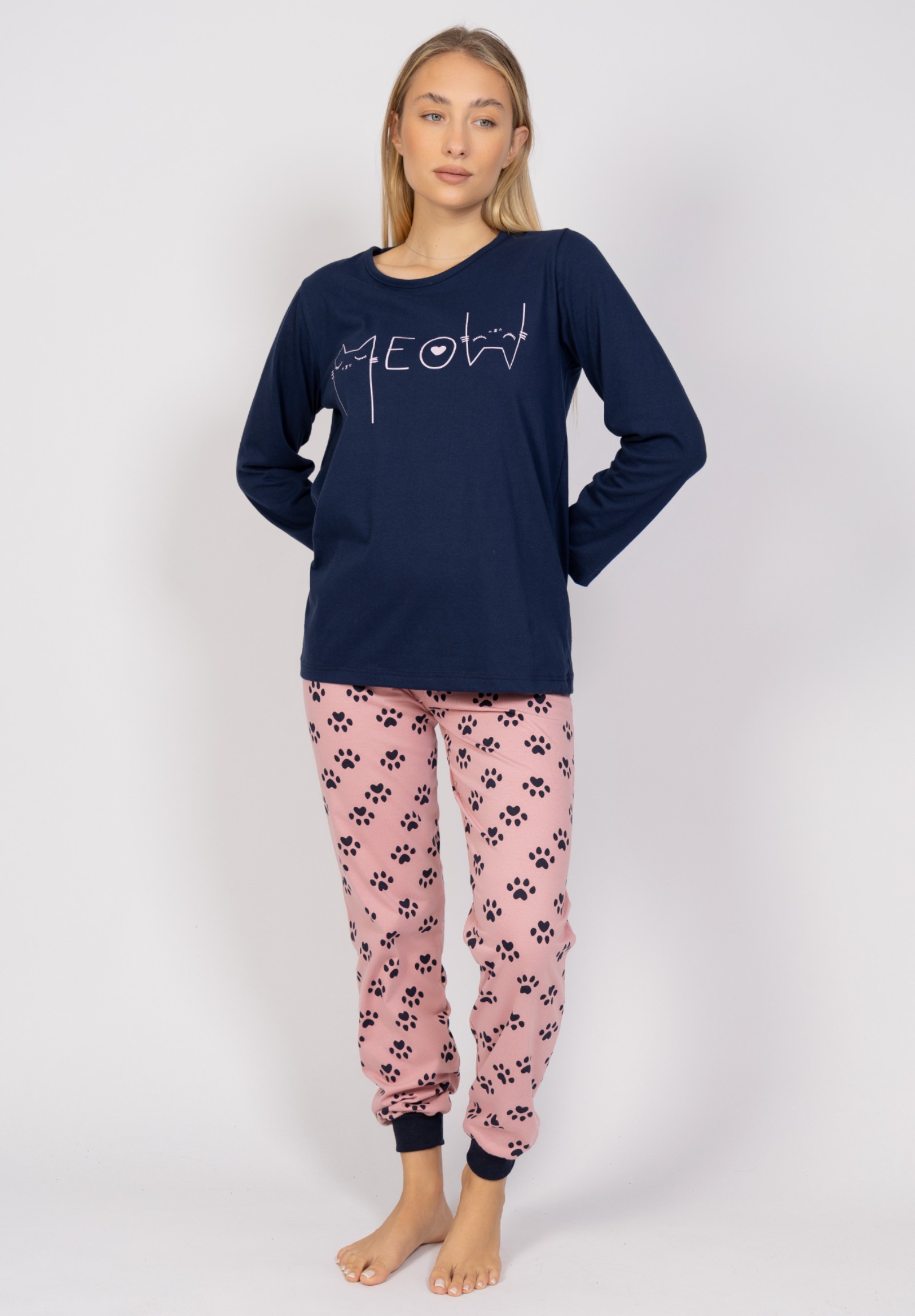 Πιτζάμα γυναικεία Meow Blue & Pink Cherry CHR24545-Μπλε φωτογραφία