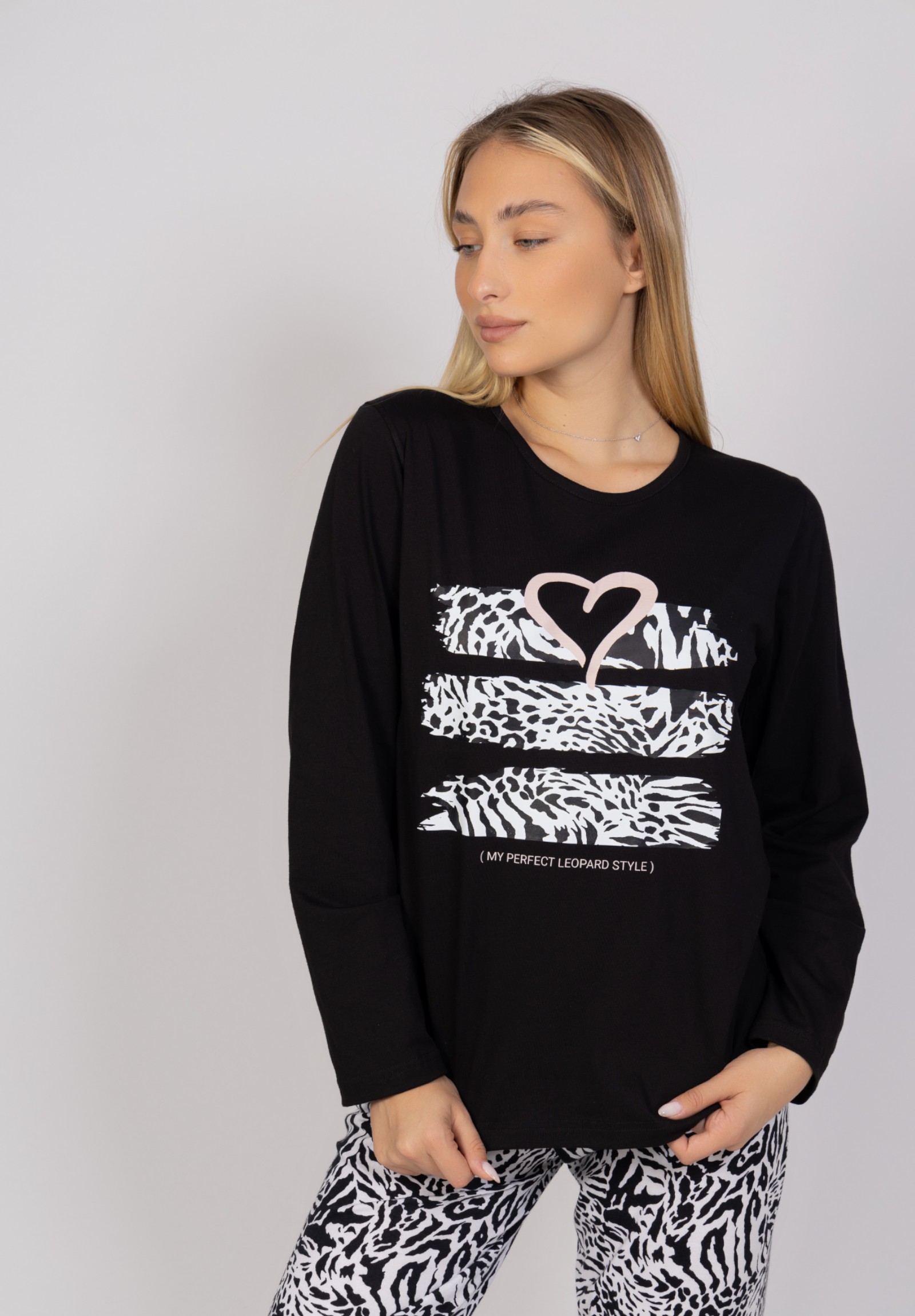 Πιτζάμα γυναικεία Animal Print Heart Cherry CHR24547-Μαύρο φωτογραφία