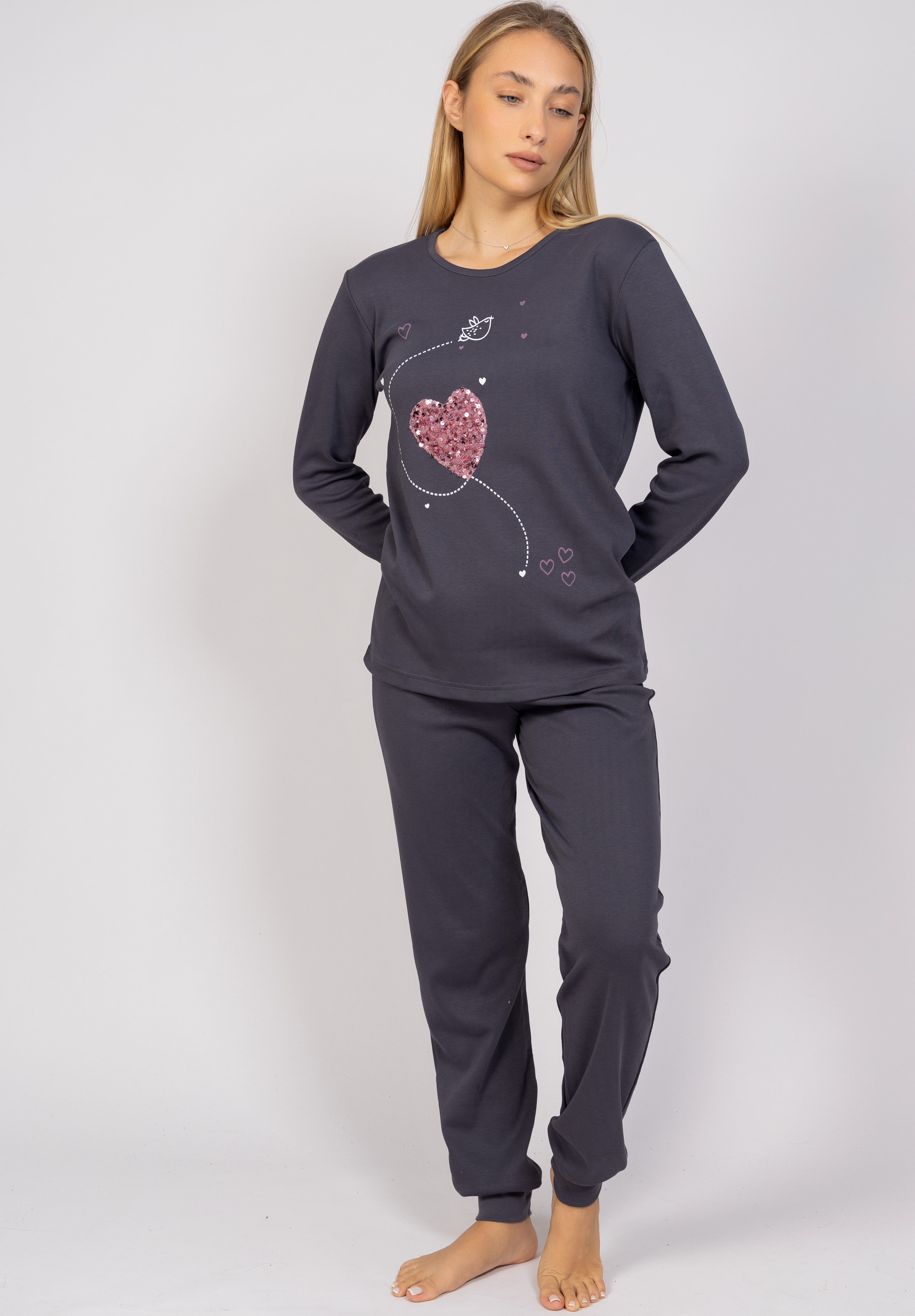 Πιτζάμα γυναικεία με παγιέτες Love Bird Cherry CHR537-Ανθρακί φωτογραφία