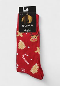 Κόκκινες χριστουγεννιάτικες κάλτσες Soma Socks με σχέδιο τάρανδο, μπισκοτάκι και χριστουγεννιάτικο δέντρο.