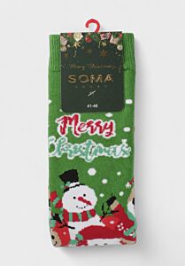 Χριστουγεννιάτικες πετσετέ κάλτσες Soma Socks “Merry Christmas Snowman” με σχέδιο Άγιο Βασίλη, χιονάνθρωπο και τάρανδο σε πράσινο φόντο