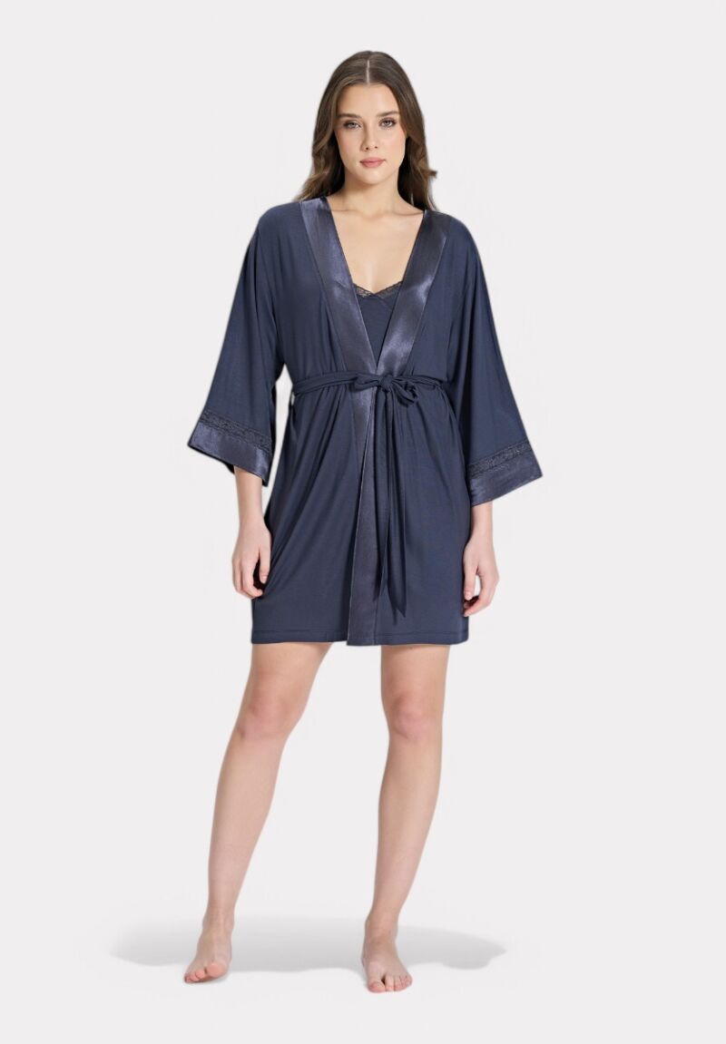 Pijadore Ρόμπα με Σατέν Γιακά & Δαντέλα – Μπλε Νυχτερινό