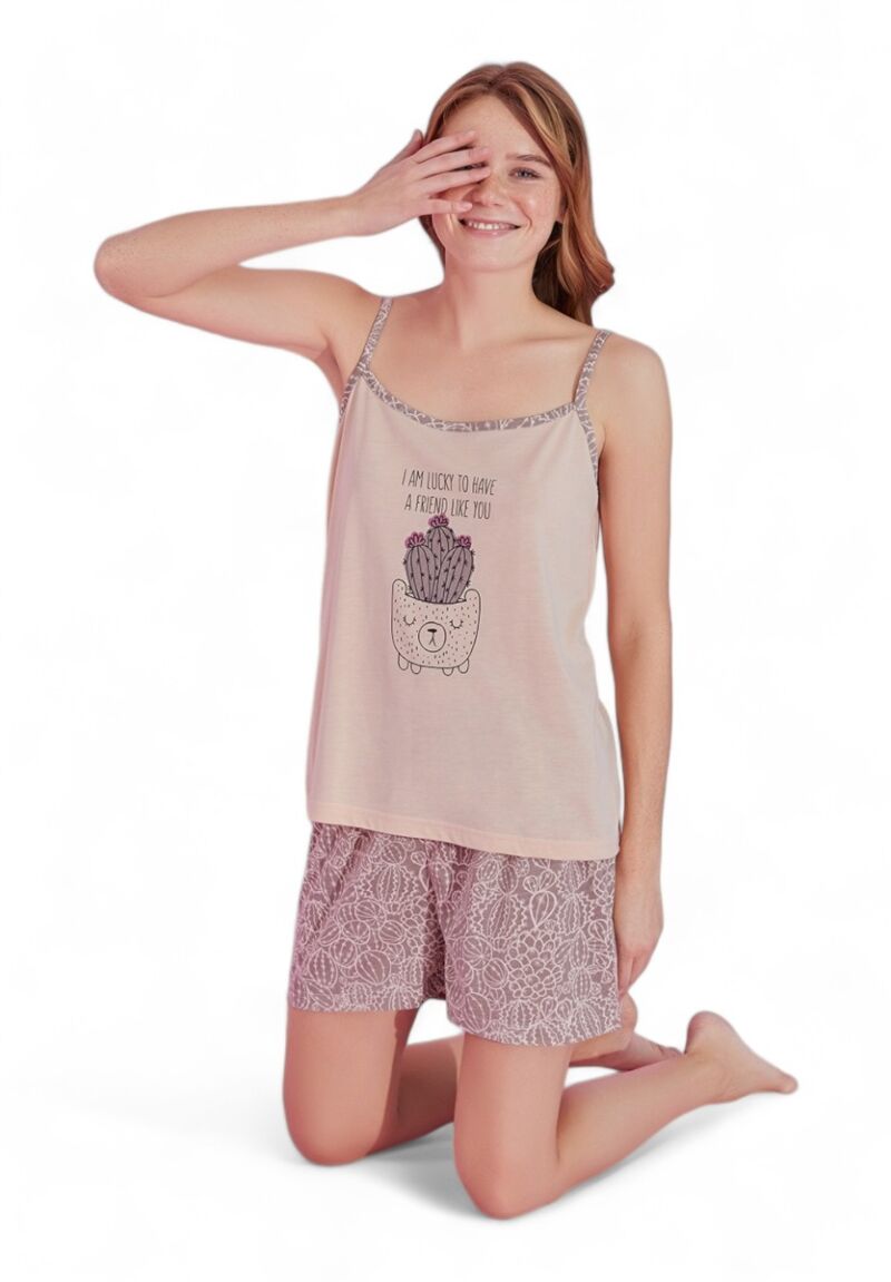 Πιτζάμα γυναικεία με σορτσάκι PijaMood Beige Cactus