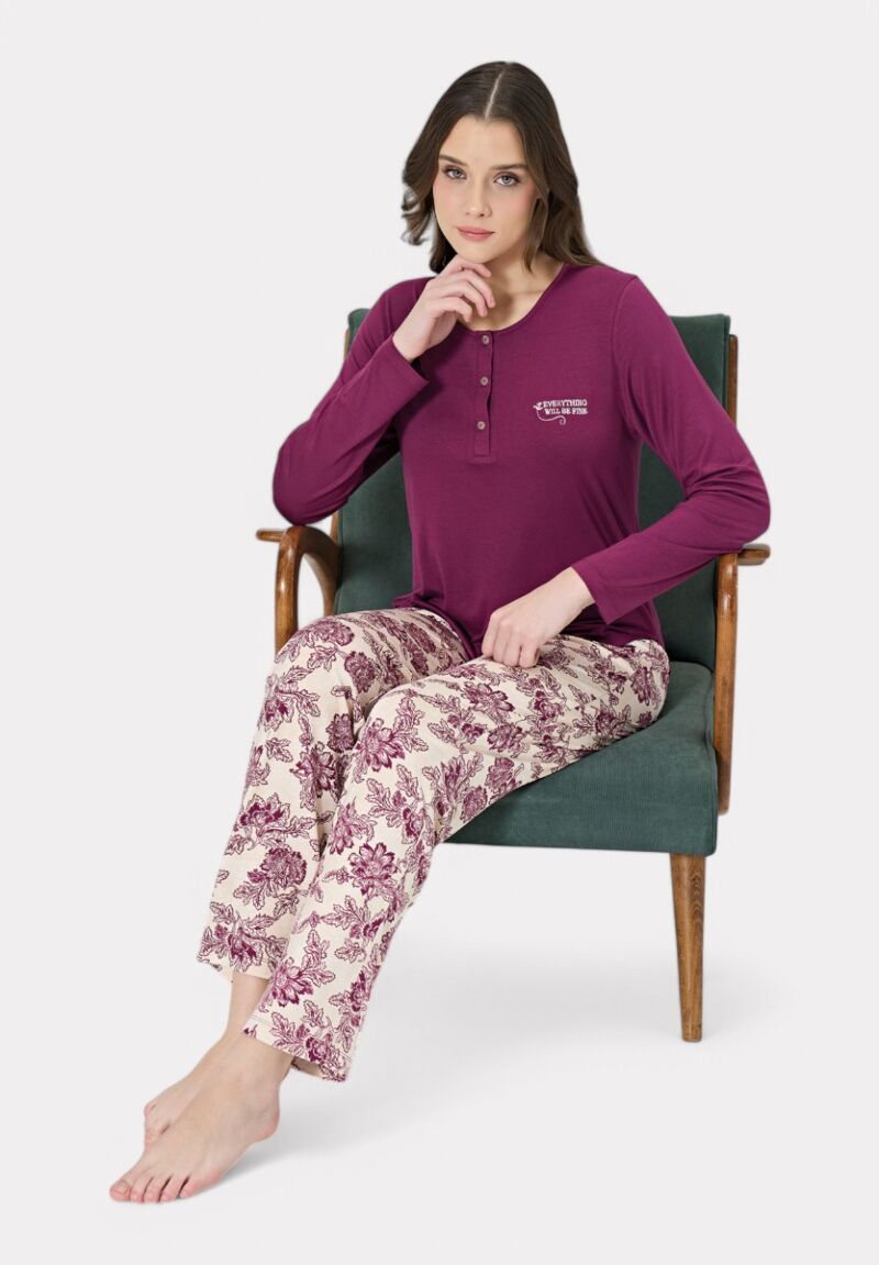 Πιτζάμα Pijadore Δαμασκηνί Floral Μακρυμάνικη
