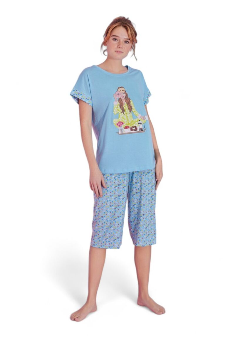Πιτζάμα γυναικεία με κάπρι PijaMood Donut Blue