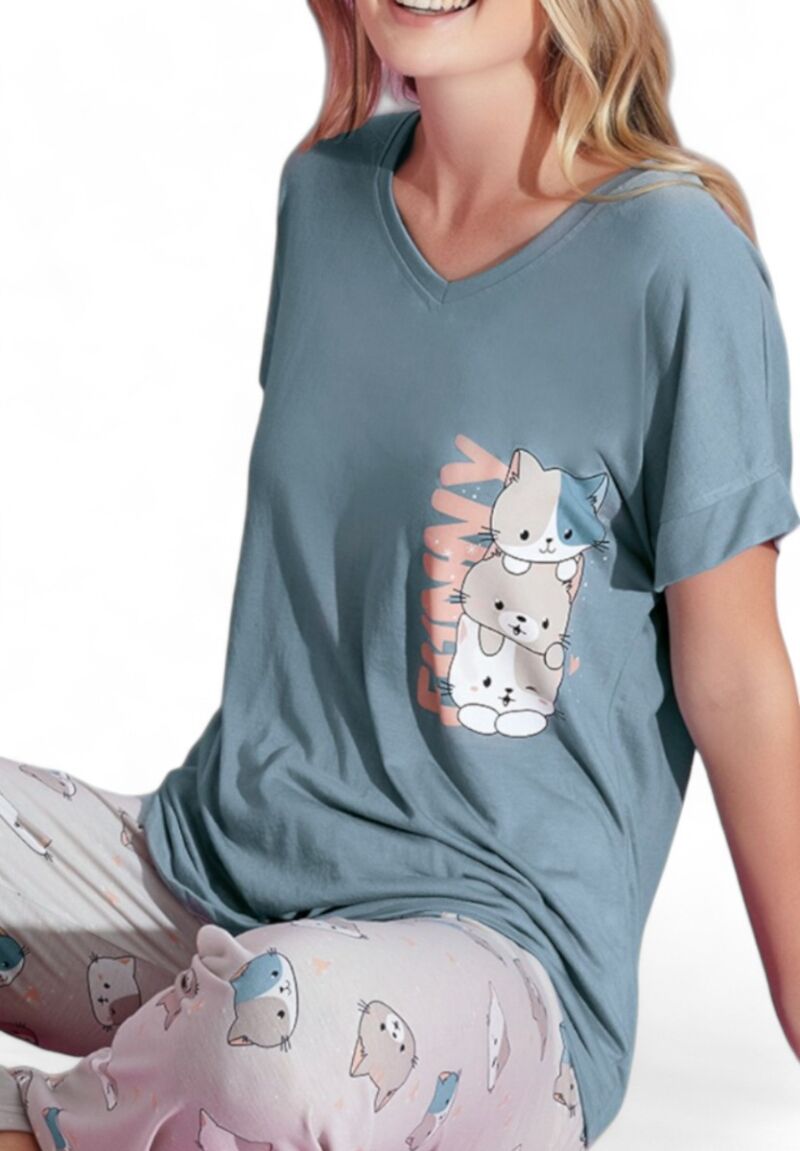 Πιτζάμα γυναικεία μακρύ παντελόνι PijaMood Cats