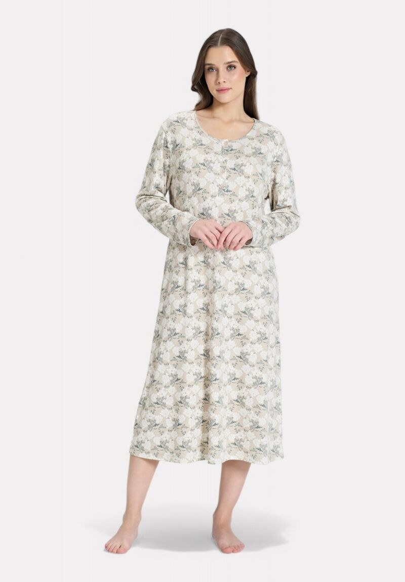 Pijadore Floral Νυχτικιά – Μακρυμάνικη με Κουμπιά (Μπεζ)