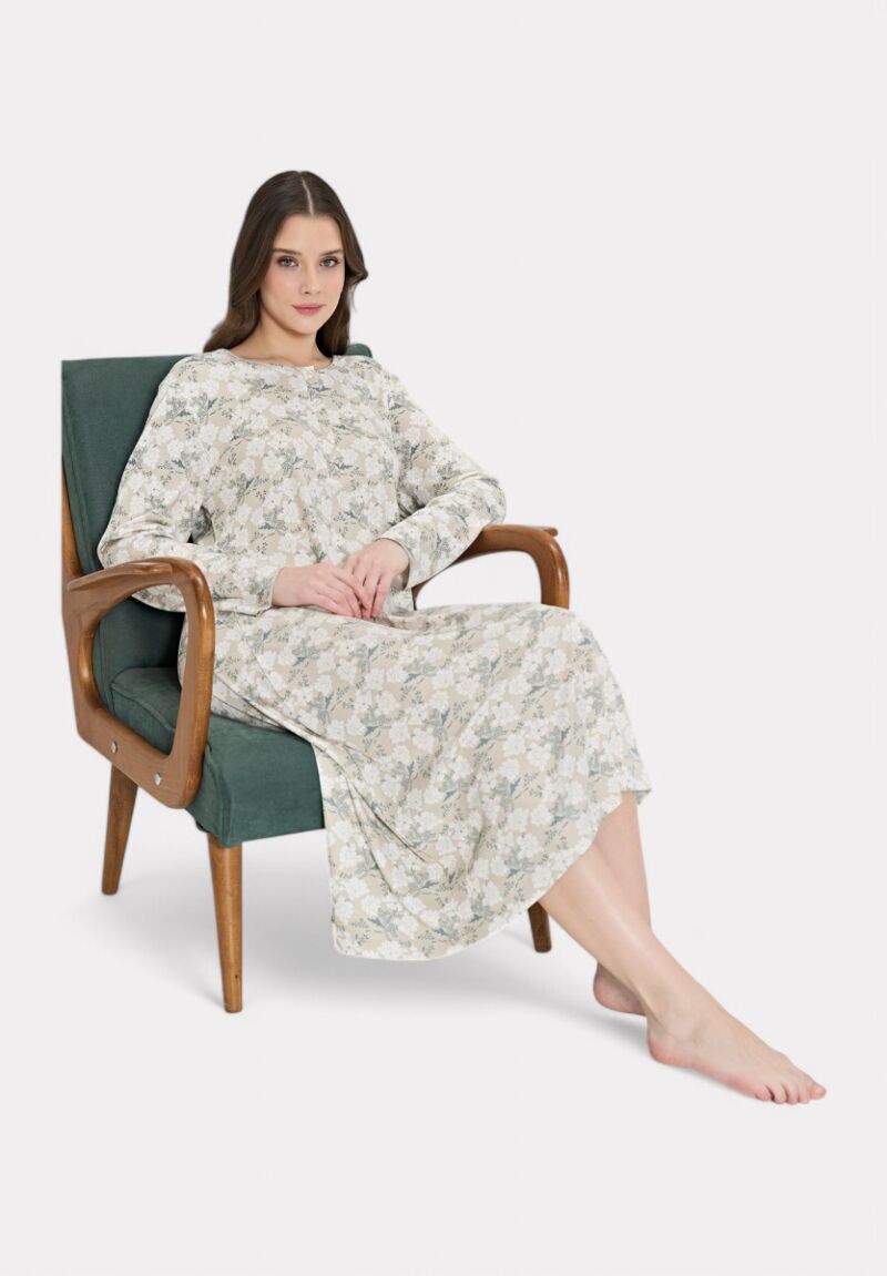 Pijadore Floral Νυχτικιά – Μακρυμάνικη με Κουμπιά (Μπεζ)
