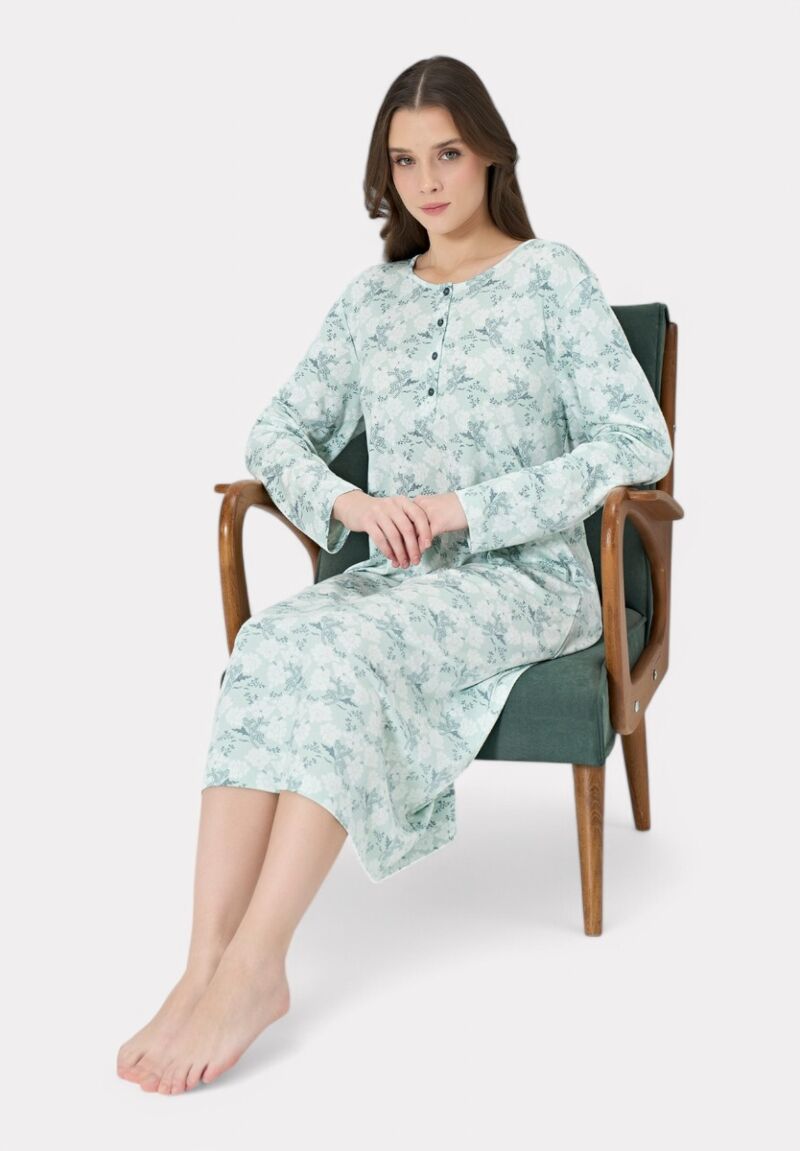 Pijadore Floral Νυχτικιά – Μακρυμάνικη με Κουμπιά (Πράσινη Mint)