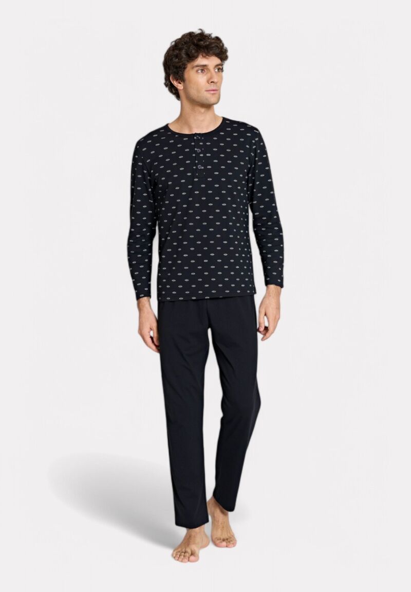 Pijadore Μαύρη Ανδρική Πιτζάμα με Σχέδιο και Κουμπιά – Μακρυμάνικη