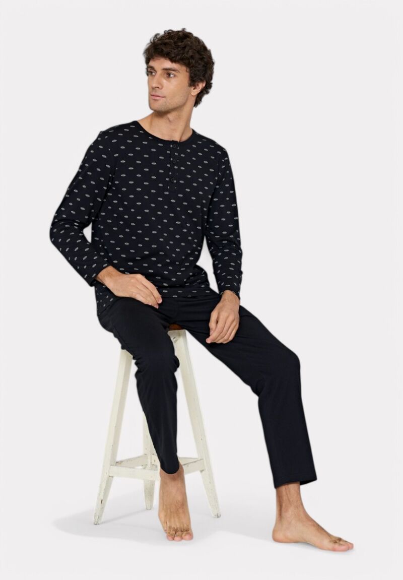 Pijadore Μαύρη Ανδρική Πιτζάμα με Σχέδιο και Κουμπιά – Μακρυμάνικη