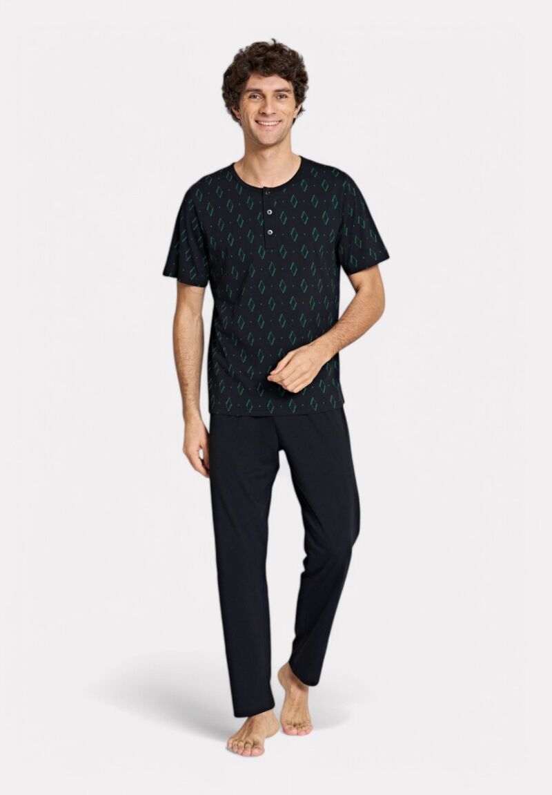 Ανδρική Πιτζάμα Μαύρη με Πράσινα Σχέδια & Κουμπιά Pijadore