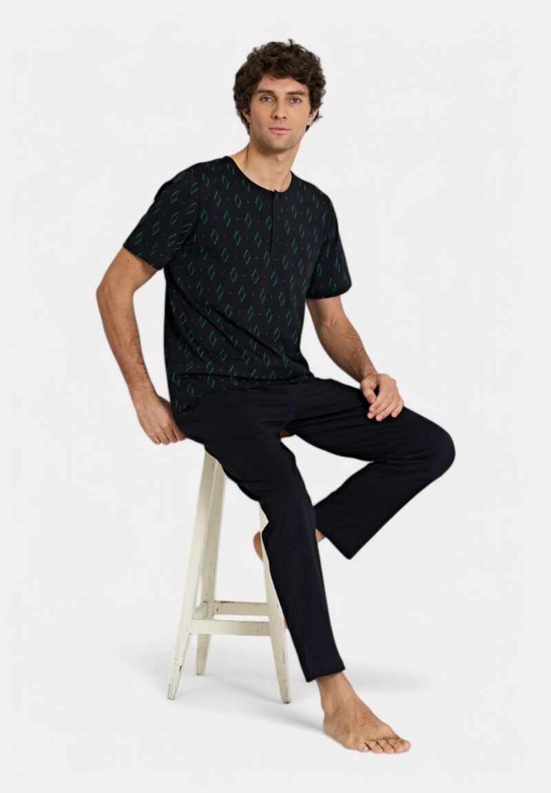 Ανδρική Πιτζάμα Μαύρη με Πράσινα Σχέδια & Κουμπιά Pijadore