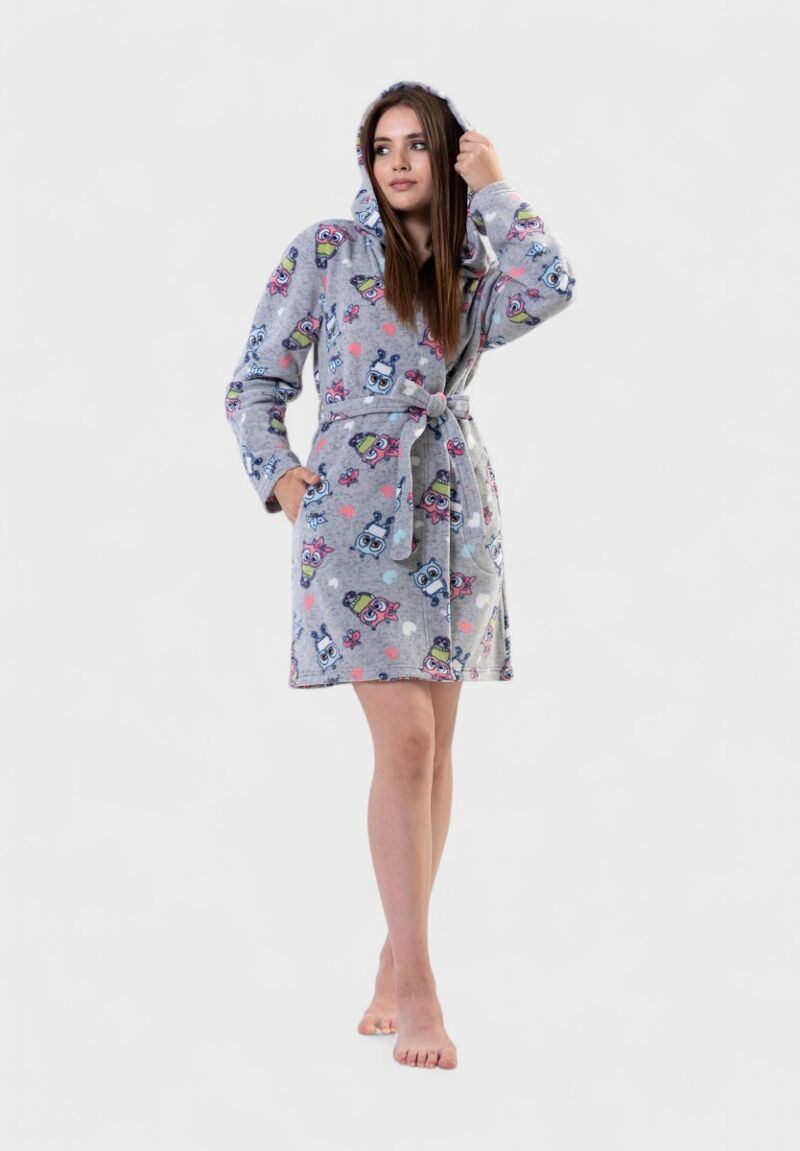 Γυναικεία Ρόμπα Vienetta με Κουκούλα και Σχέδιο Κουκουβάγιες – Γκρι