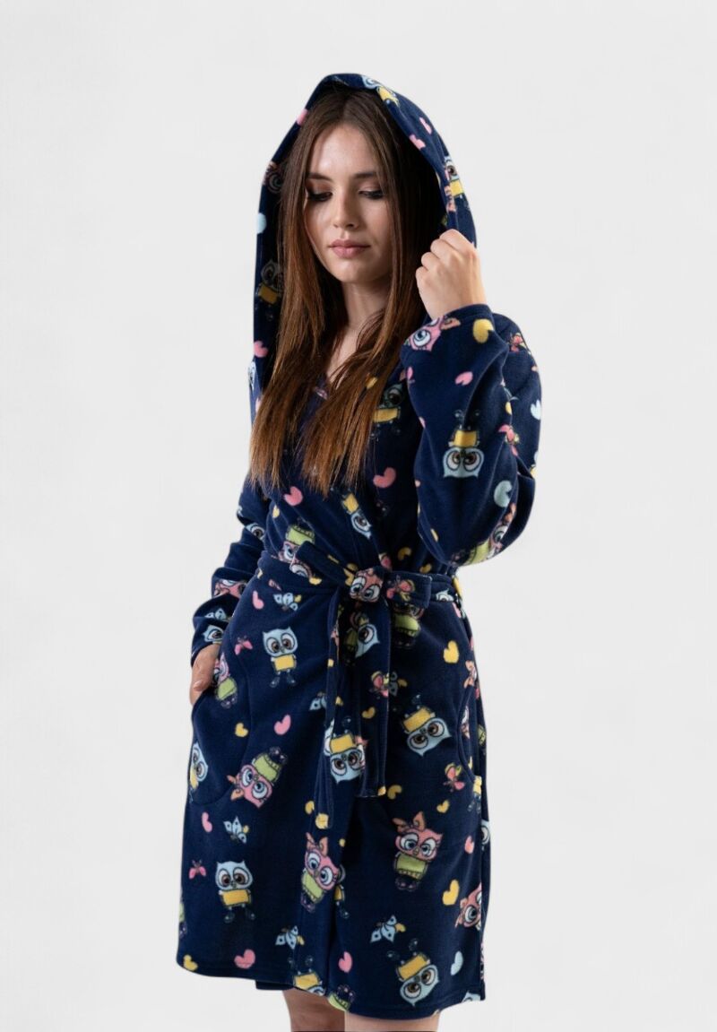 Γυναικεία Ρόμπα Vienetta με Κουκούλα και Σχέδιο Κουκουβάγιες – Μπλε Σκούρο