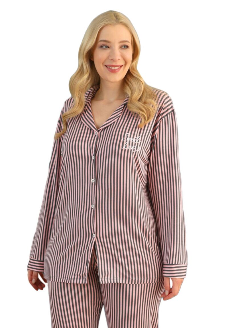 Πιτζάμα γυναικεία Plus Size με κουμπιά Pink Striped
