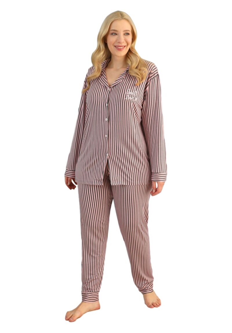 Πιτζάμα γυναικεία Plus Size με κουμπιά Pink Striped
