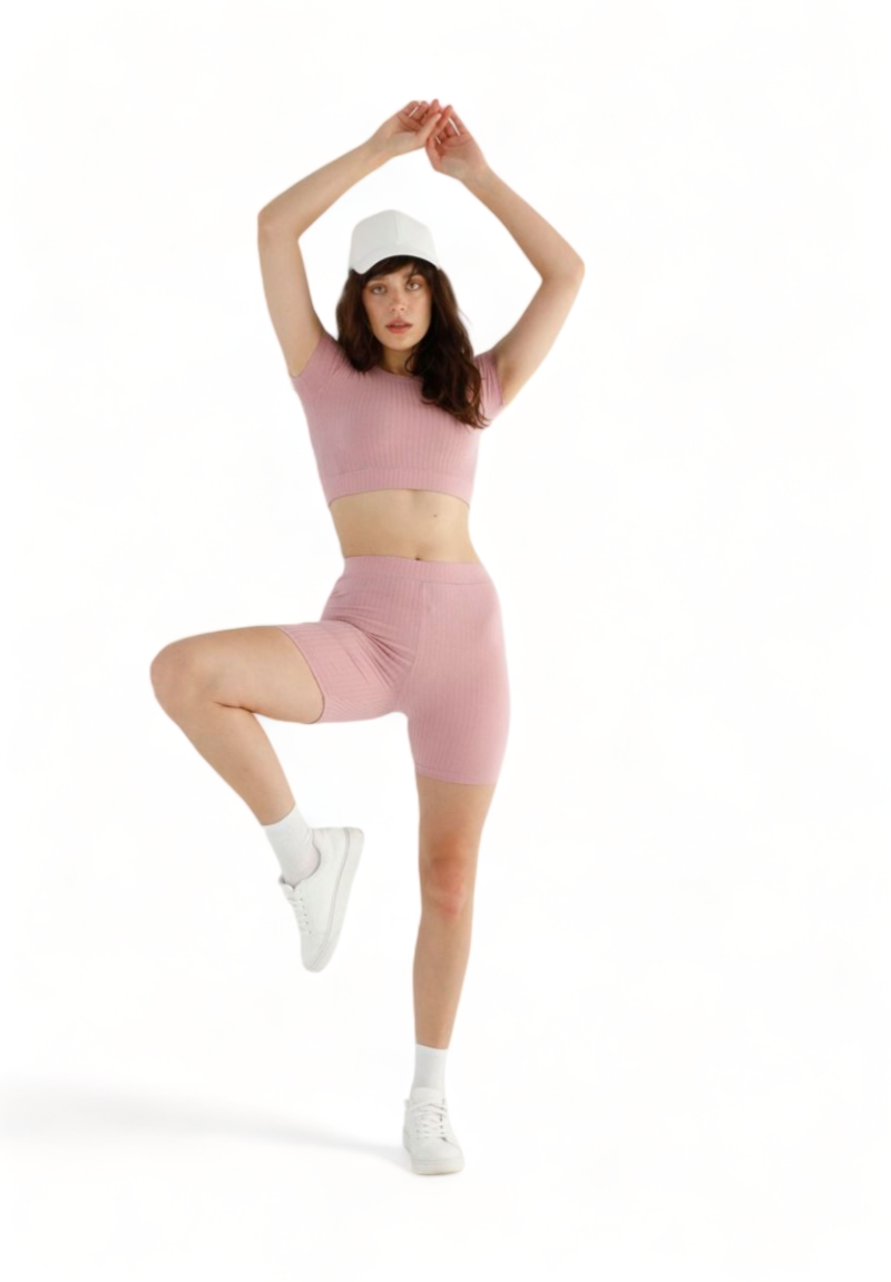 Σετ κολάν Biker SiyahInci με crop top rib dusty pink