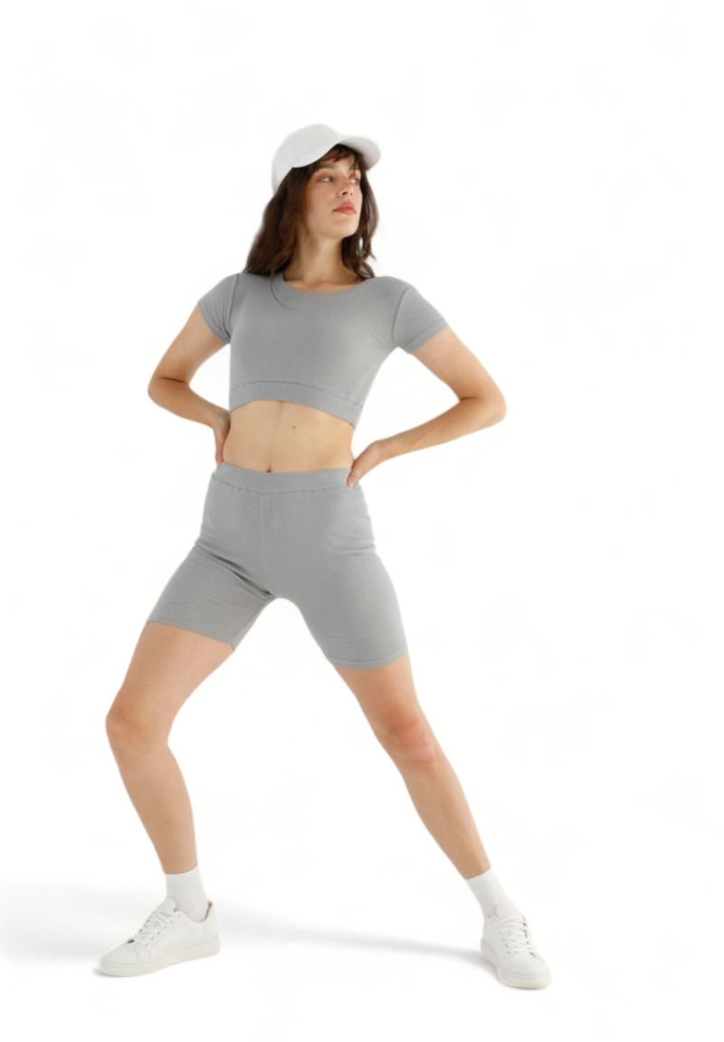 Σετ κολάν Biker SiyahInci με crop top rib cloudy sky