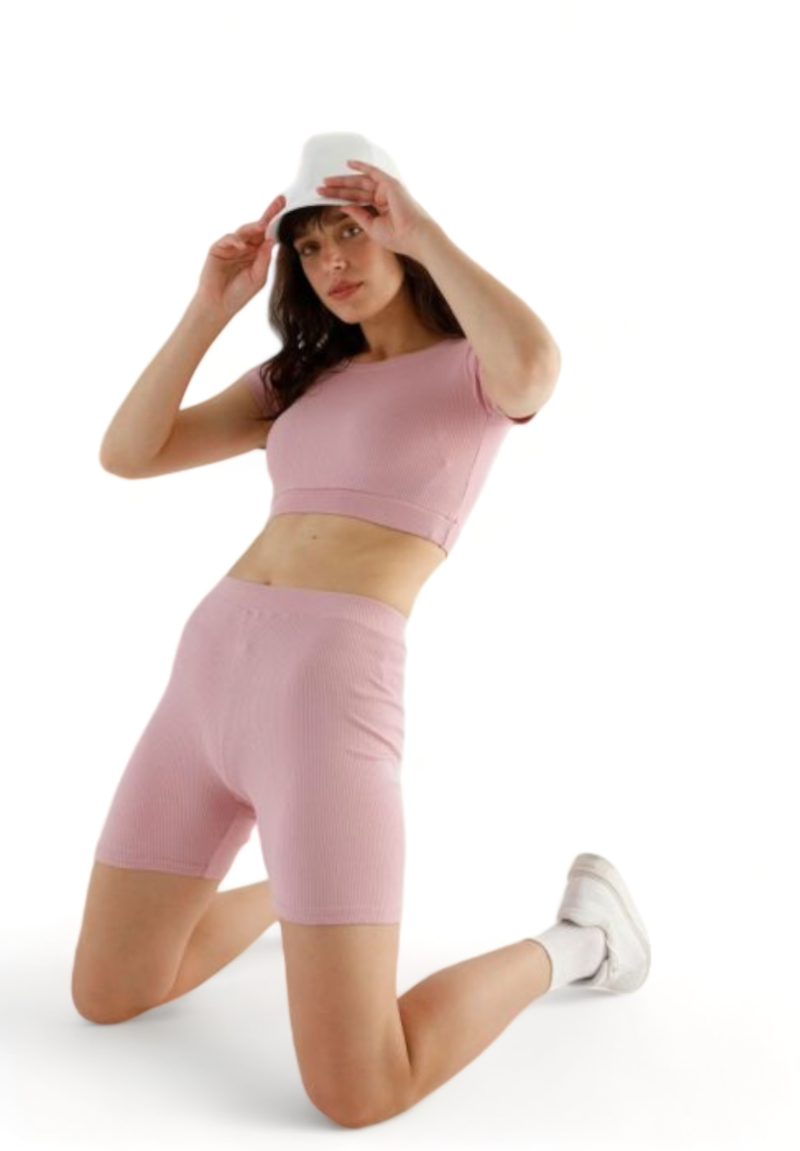 Σετ κολάν Biker SiyahInci με crop top rib bubblegum pink