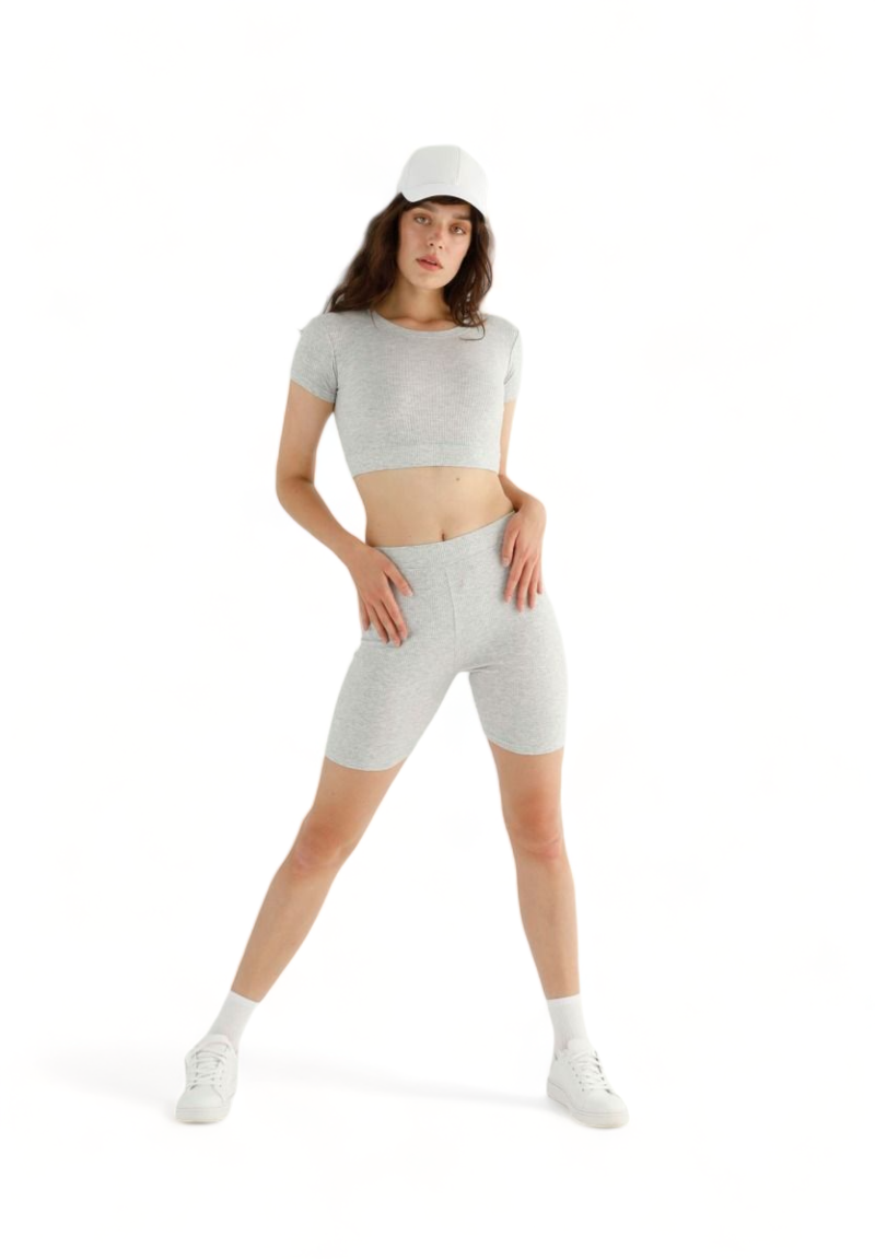 Σετ κολάν Biker SiyahInci με crop top rib light grey